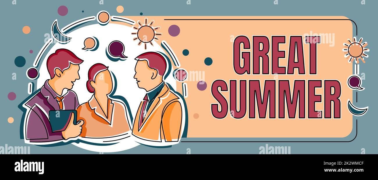 Esposizione concettuale Grande estate. Approccio di affari avere divertimento buon sole andare alla spiaggia godendo colleghi all'aperto condividere pensieri insieme con Speech Bubbles e assortiti S Foto Stock