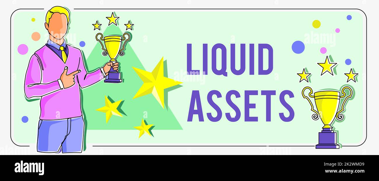 Visualizzazione concettuale delle risorse liquide. Business idea Cash and Bank Balances Market Liquidity Deferred Stock Man puntando il dito che tiene il trofeo tifo raggiungere il successo del progetto. Foto Stock