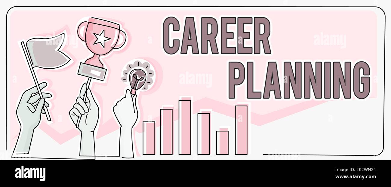 Scrittura a mano segno Carriera pianificazione. Internet Concept strategicamente pianificare i vostri obiettivi di carriera e di lavoro successo mani Holding Flag Goals, Lamp Ideas Trophy celebrare successo barre grafico Foto Stock