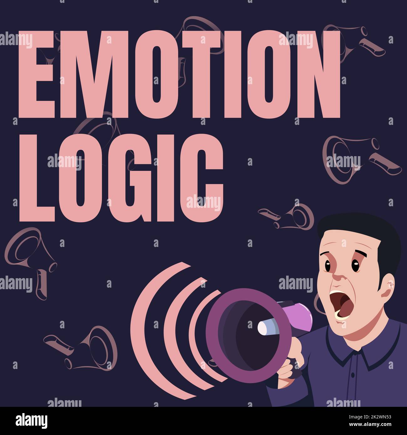 Testo che mostra la logica dell'emozione di ispirazione. Parola per cuore o anima del cervello o confusione di intelligenza uguale uomo d'affari di equilibrio che parla con Megaphone che fa nuovo annuncio meraviglioso Foto Stock