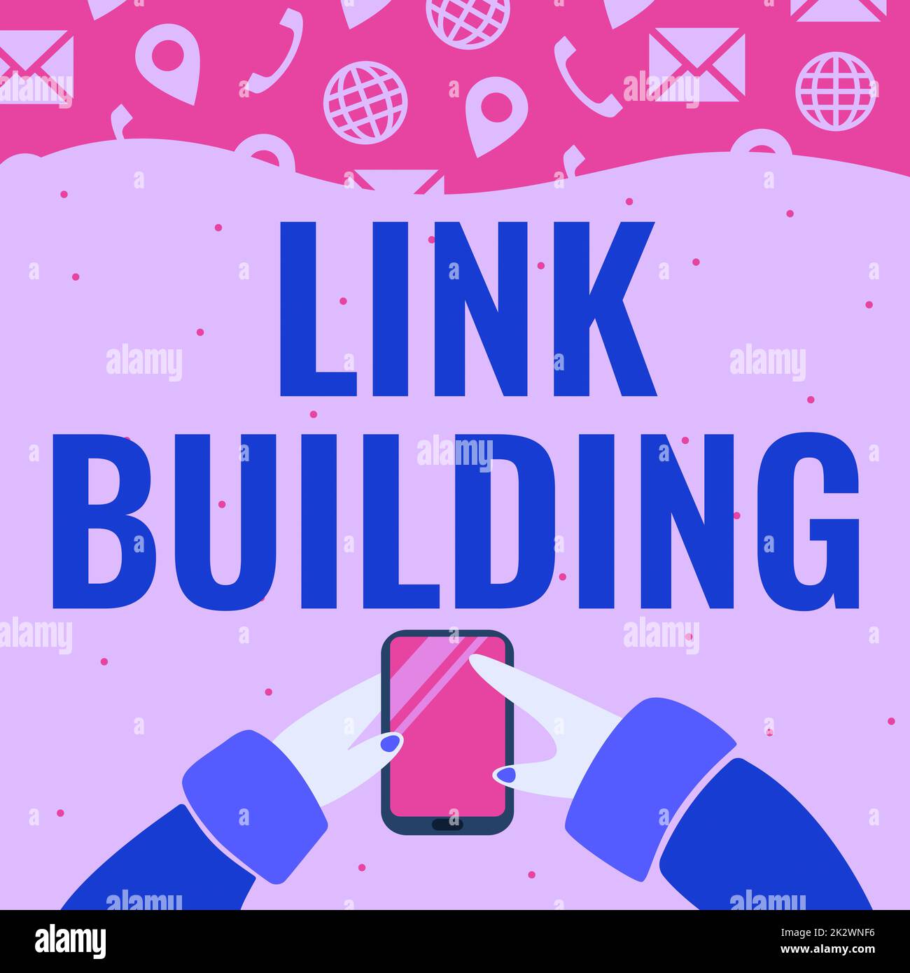 Didascalia concettuale link Building. Parola scritta su SEO Term Exchange Links acquisire Hyperlinks indicizzato mano Holding cellulare premere il pulsante di applicazione mostrando tecnologia. Foto Stock