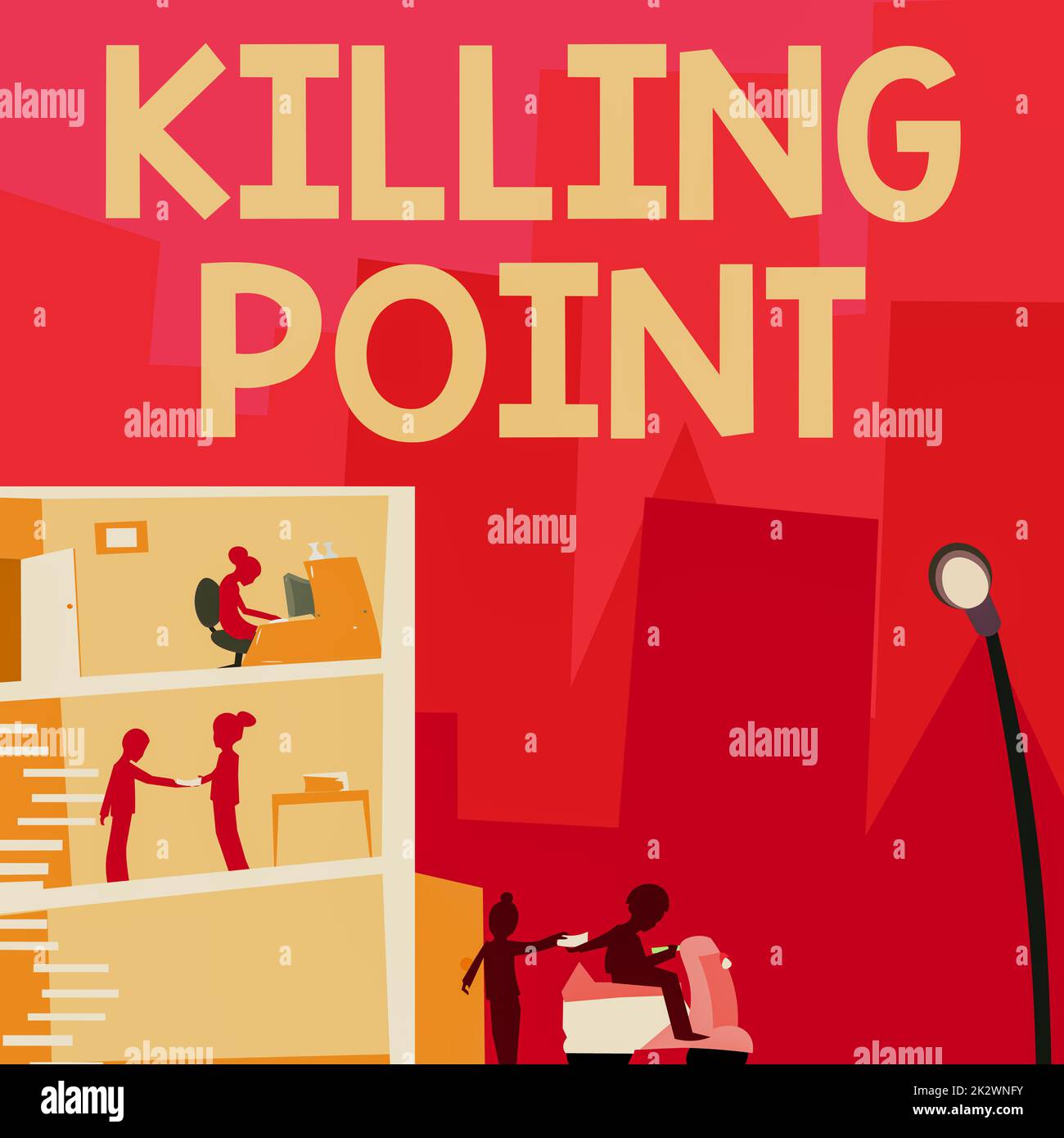 Cartello che mostra il punto di uccisione. Fase fotografica concettuale fine revisione fase Gate Valutazione progetto No Go Office Building con grattacieli disegno che mostra lo skyline della città. Foto Stock