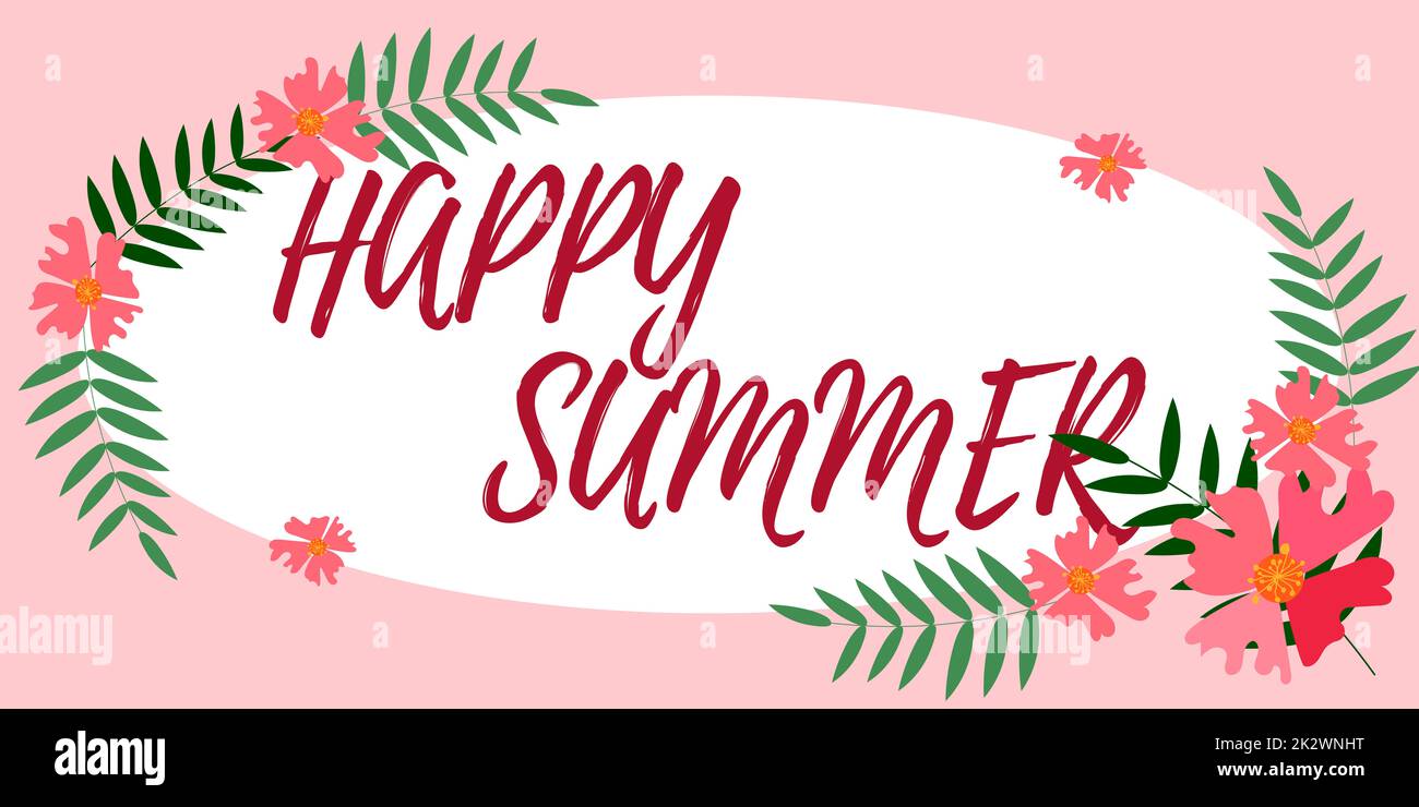 Cartello con la scritta Happy Summer. Business vetrina spiagge Sunshine relax caldo Sunny Season Solstice blank frame decorato con Abstract Modernized Forms Fiori e Fogliame. Foto Stock