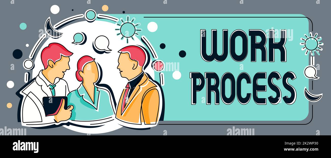 Didascalia di testo che presenta il processo di lavoro. Concetto di business procedure standard come gestire un particolare sistema di regole del lavoro colleghi condividere pensieri insieme con Speech Bubbles e assortiti S Foto Stock