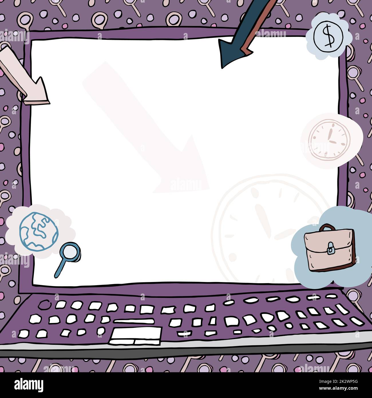 Cornice vuota decorata con frecce che mostrano la strategia di affari che conduce agli obiettivi dell'azienda. Segni di puntualità da parte dei dipendenti durante l'orario di lavoro che rappresentano le politiche monetarie Foto Stock