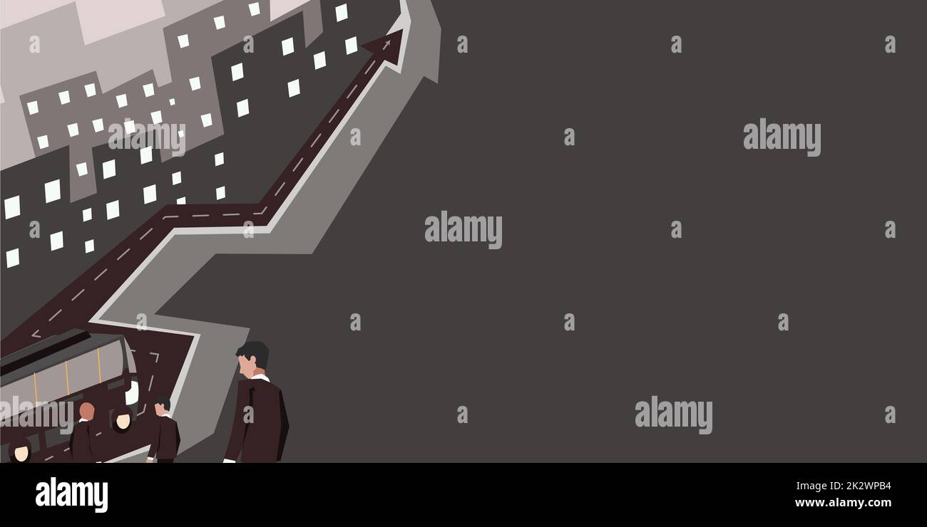 Lavoro di squadra per il successo. Viaggio di ritiro in autobus per gli uomini professionisti che lavorano in avanti la crescita della carriera. Strada che rappresenta il viaggio di lavoro superando le sfide. Foto Stock