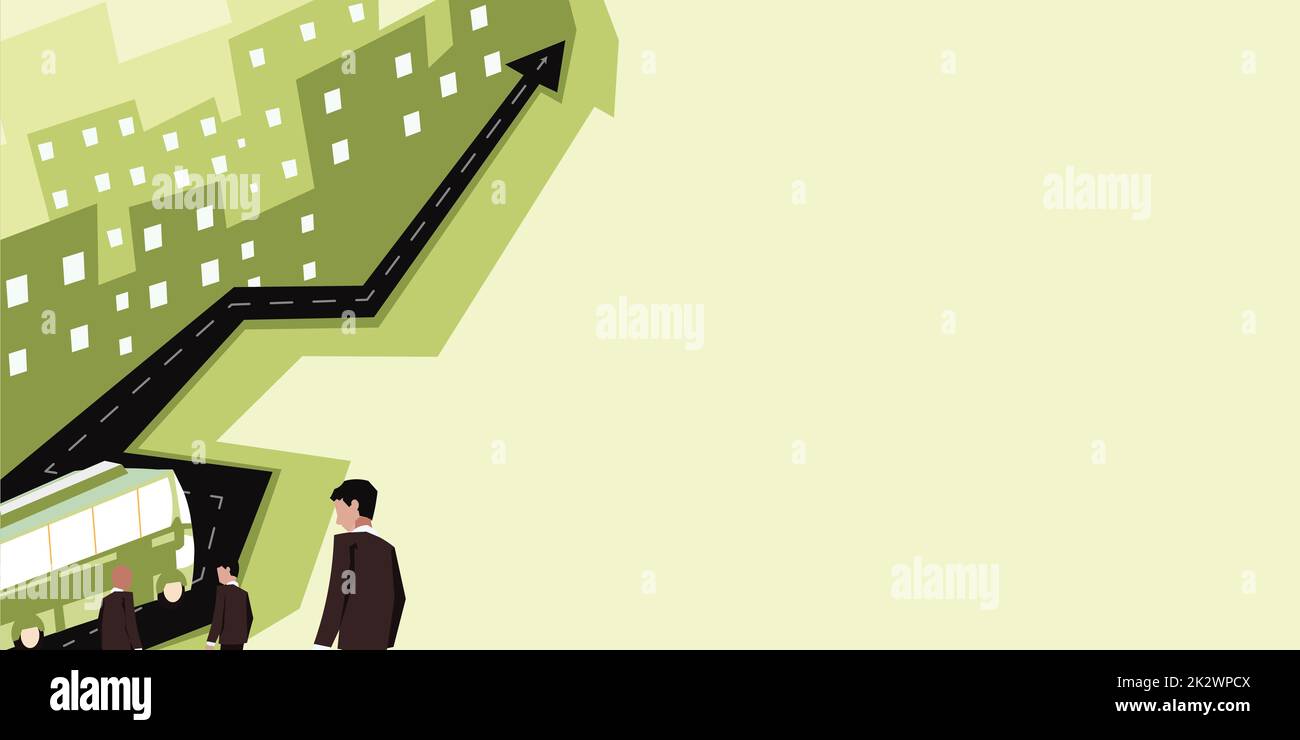 Lavoro di squadra per il successo. Viaggio di ritiro in autobus per gli uomini professionisti che lavorano in avanti la crescita della carriera. Strada che rappresenta il viaggio di lavoro superando le sfide. Foto Stock