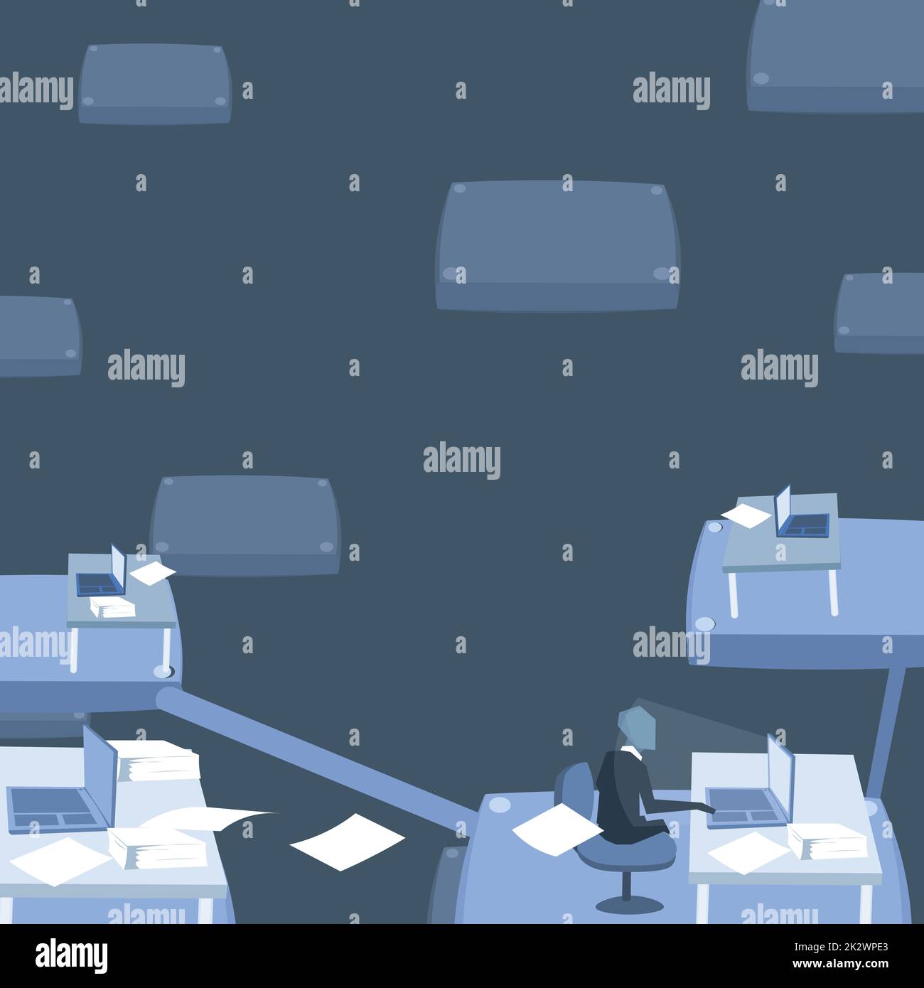 Il team leader comunica virtualmente tramite computer. Uomo che lavora nel tempo ufficio. Produttività aziendale impegnata nell'elaborazione di documenti stampati utilizzando un computer portatile. Foto Stock