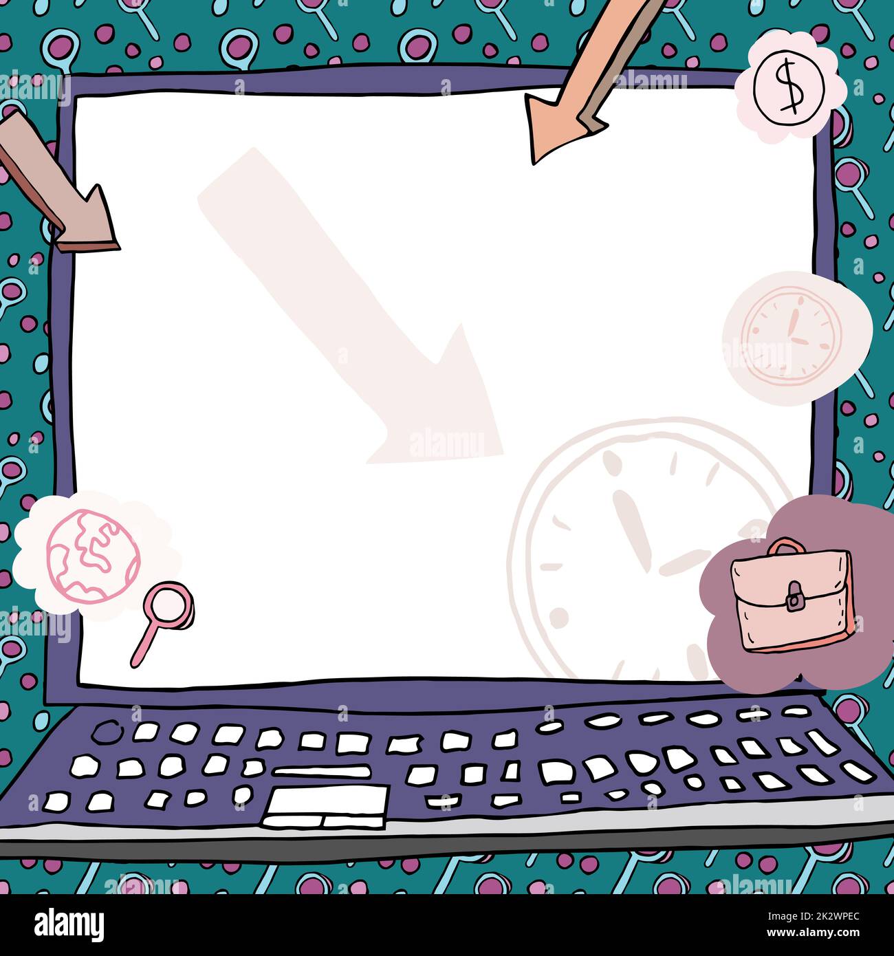 Cornice vuota decorata con frecce che mostrano la strategia di affari che conduce agli obiettivi dell'azienda. Segni di puntualità da parte dei dipendenti durante l'orario di lavoro che rappresentano le politiche monetarie Foto Stock