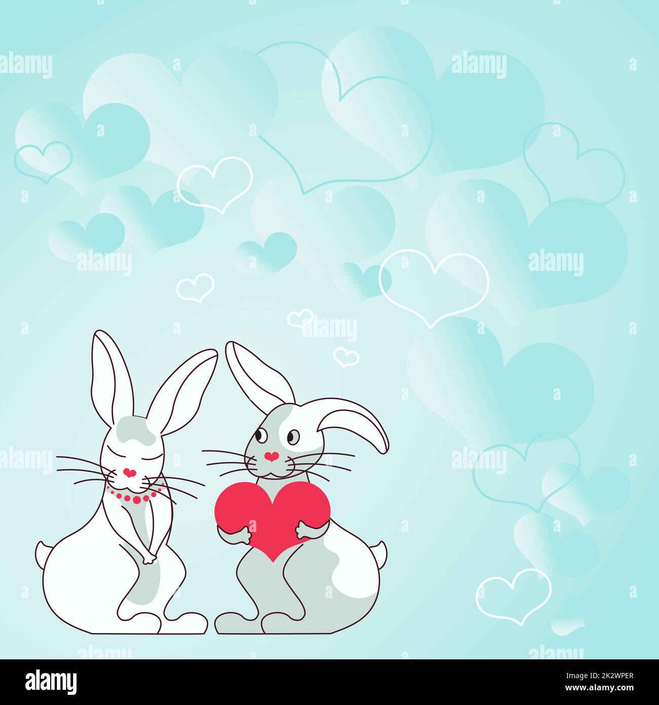 Due conigli con i regali a forma di cuore con la priorità bassa heartful dimostrano le coppie che scambiano le offerte. I coniglietti rappresentano amanti appassionati con regali incantevoli. Foto Stock