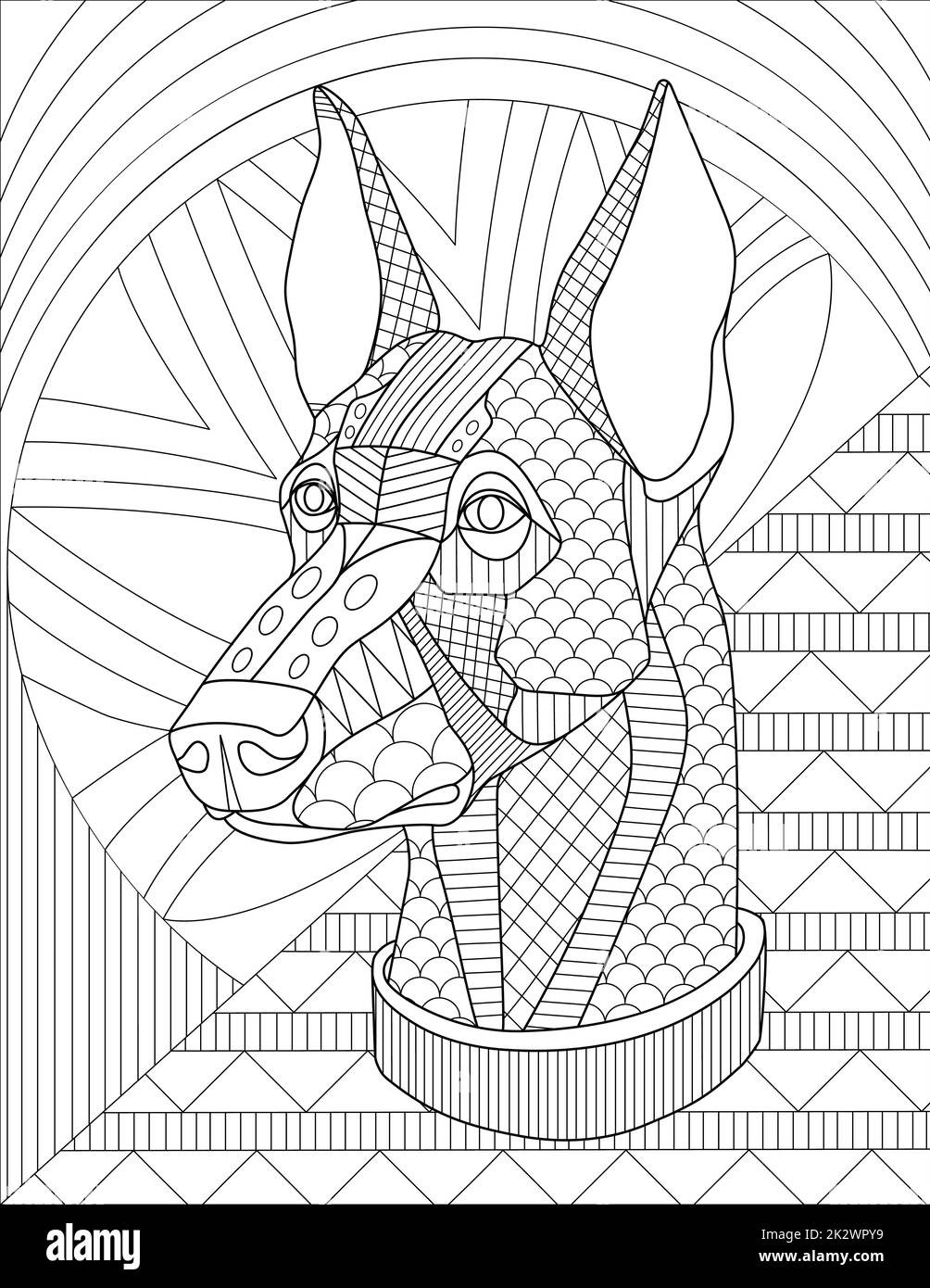 Disegno di linea del volto del cane con dettagli geometrici e libro di colorazione dello sfondo del motivo Foto Stock