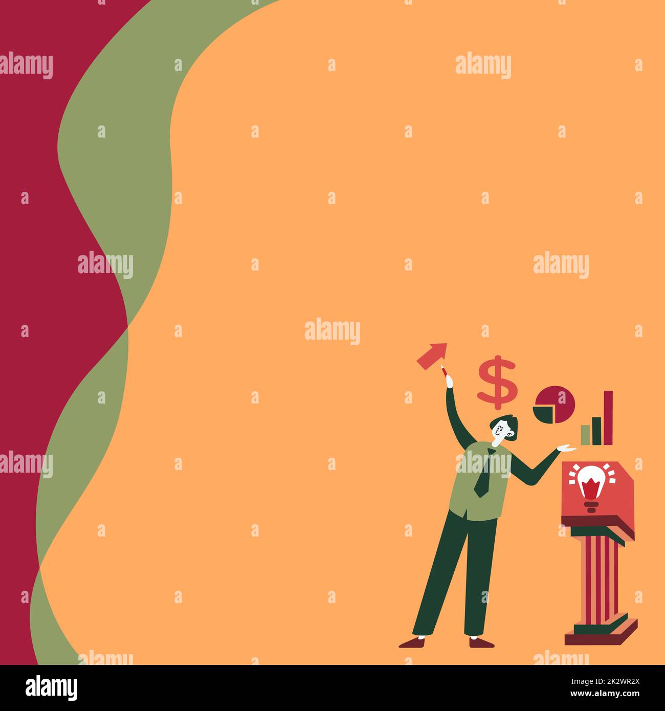 Businessman in piedi da solo che presenta grafici e nuove idee finanziarie con Podium. Dipendente che utilizza Blazer da solo mostrando vecchi pensieri sorprendenti. Foto Stock