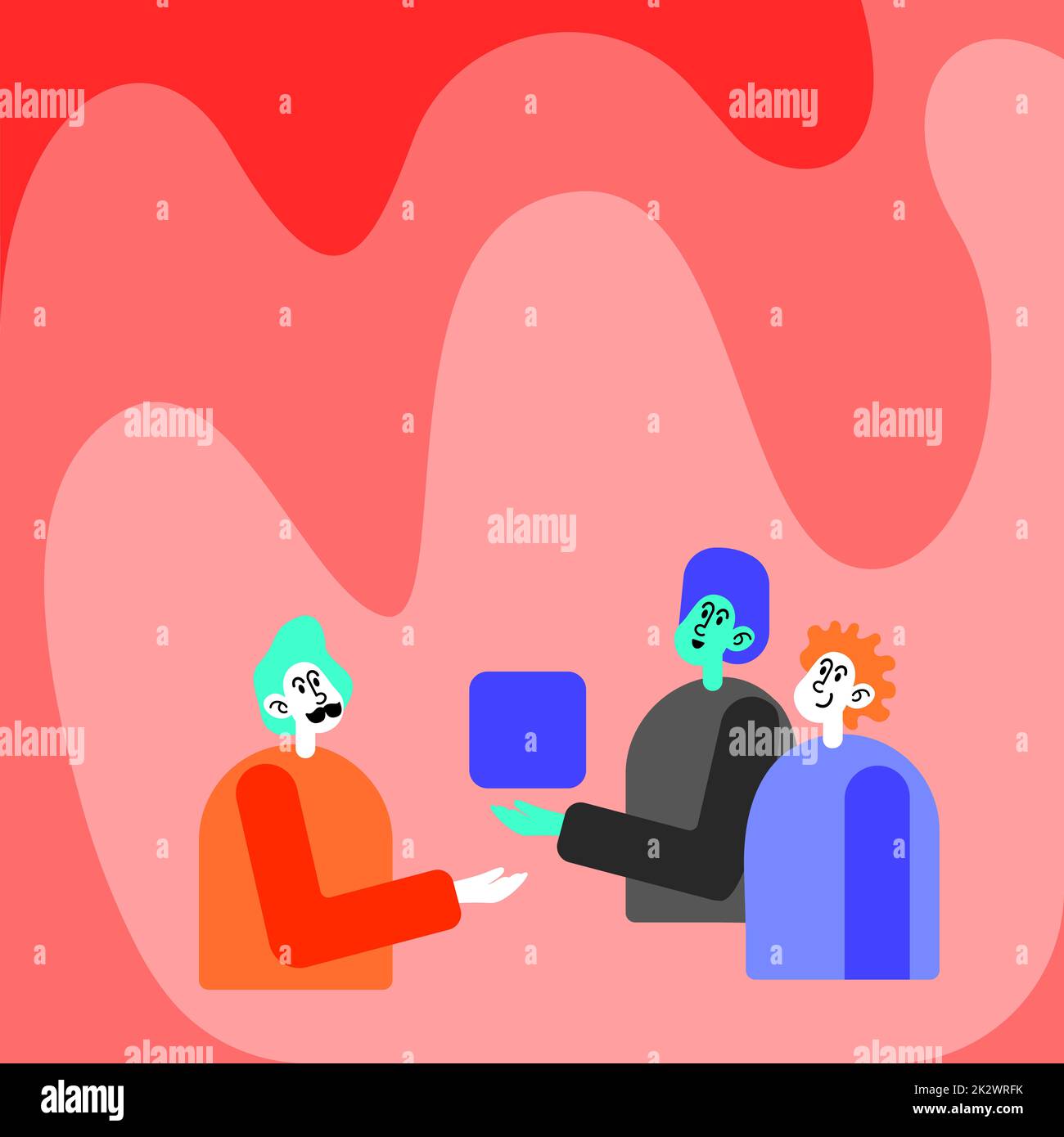 Tre colleghi che hanno Meeting Mostra Cubo in rappresentanza del lavoro di squadra discutendo idee di progetto future. Uomini che mostrano una partnership innovativa per costruire il pensiero. Foto Stock