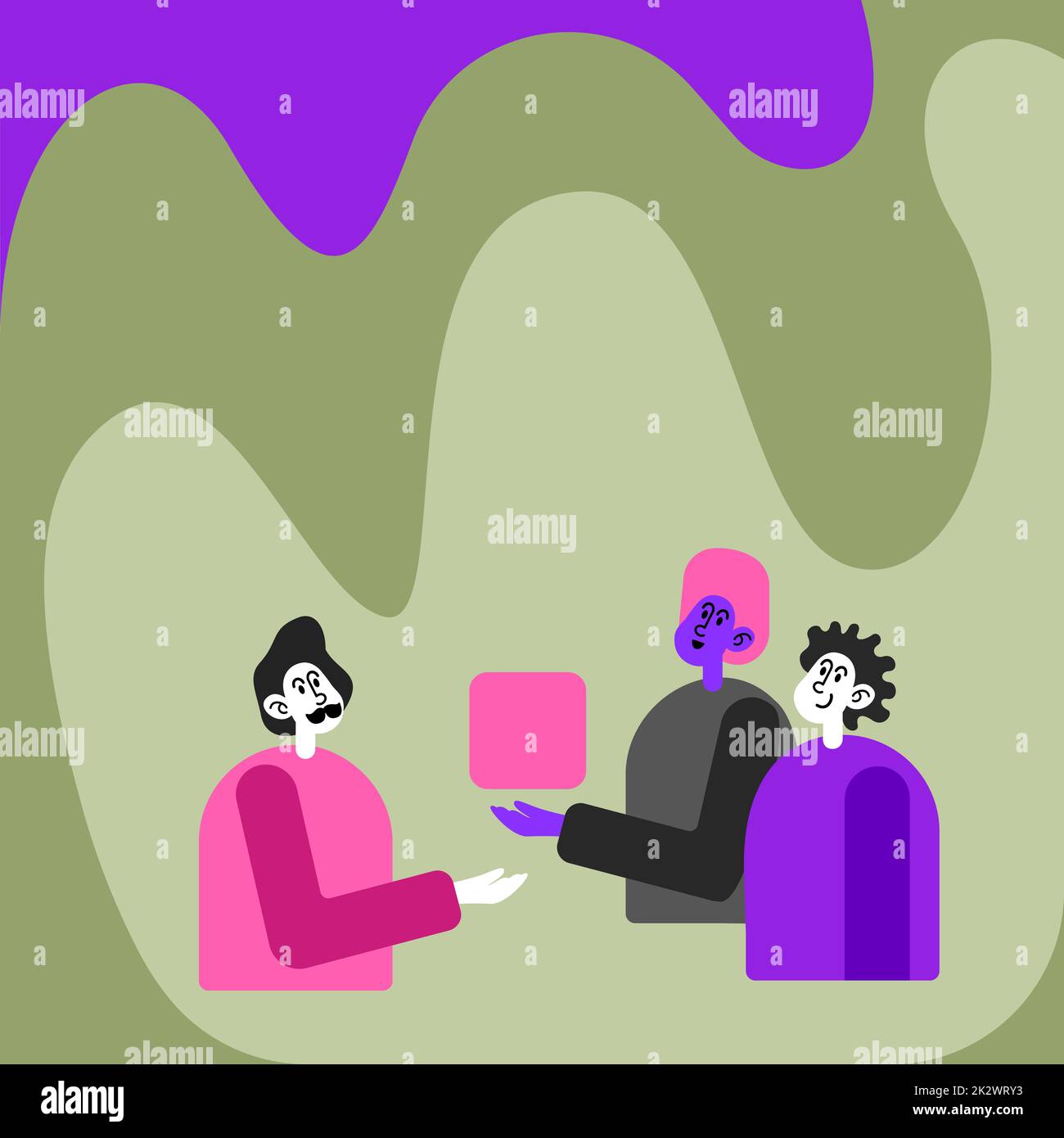 Tre colleghi che hanno Meeting Mostra Cubo in rappresentanza del lavoro di squadra discutendo idee di progetto future. Uomini che mostrano una partnership innovativa per costruire il pensiero. Foto Stock