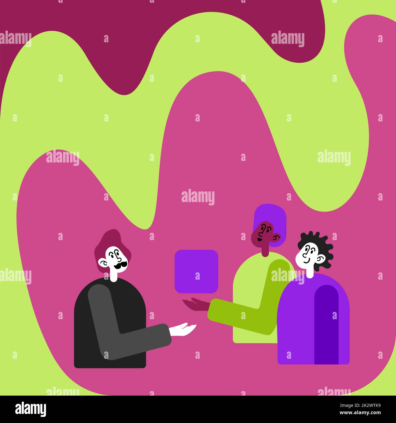 Tre colleghi che hanno Meeting Mostra Cubo in rappresentanza del lavoro di squadra discutendo idee di progetto future. Uomini che mostrano una partnership innovativa per costruire il pensiero. Foto Stock