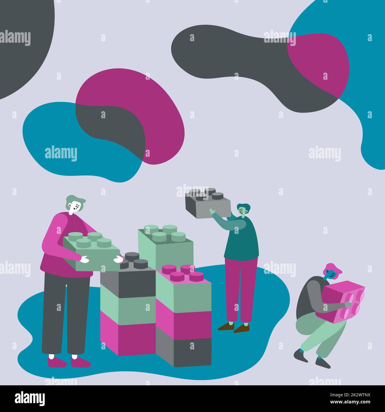 Tre colleghi che hanno Meeting Mostra Cubo in rappresentanza del lavoro di squadra discutendo idee di progetto future. Uomini che mostrano una partnership innovativa per costruire il pensiero. Foto Stock