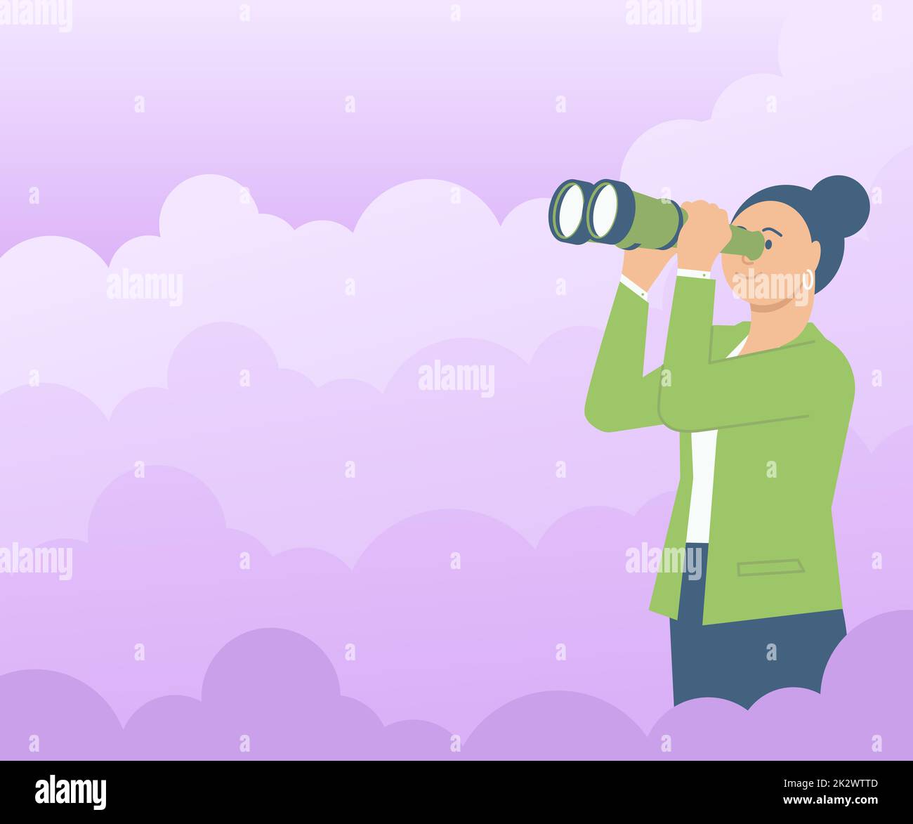Donna circondata da nuvole che guarda attraverso il telescopio portatile vedere nuove opportunità. Lady Outdoors utilizzando Binocolo guardando in aspirazioni future Goals. Foto Stock