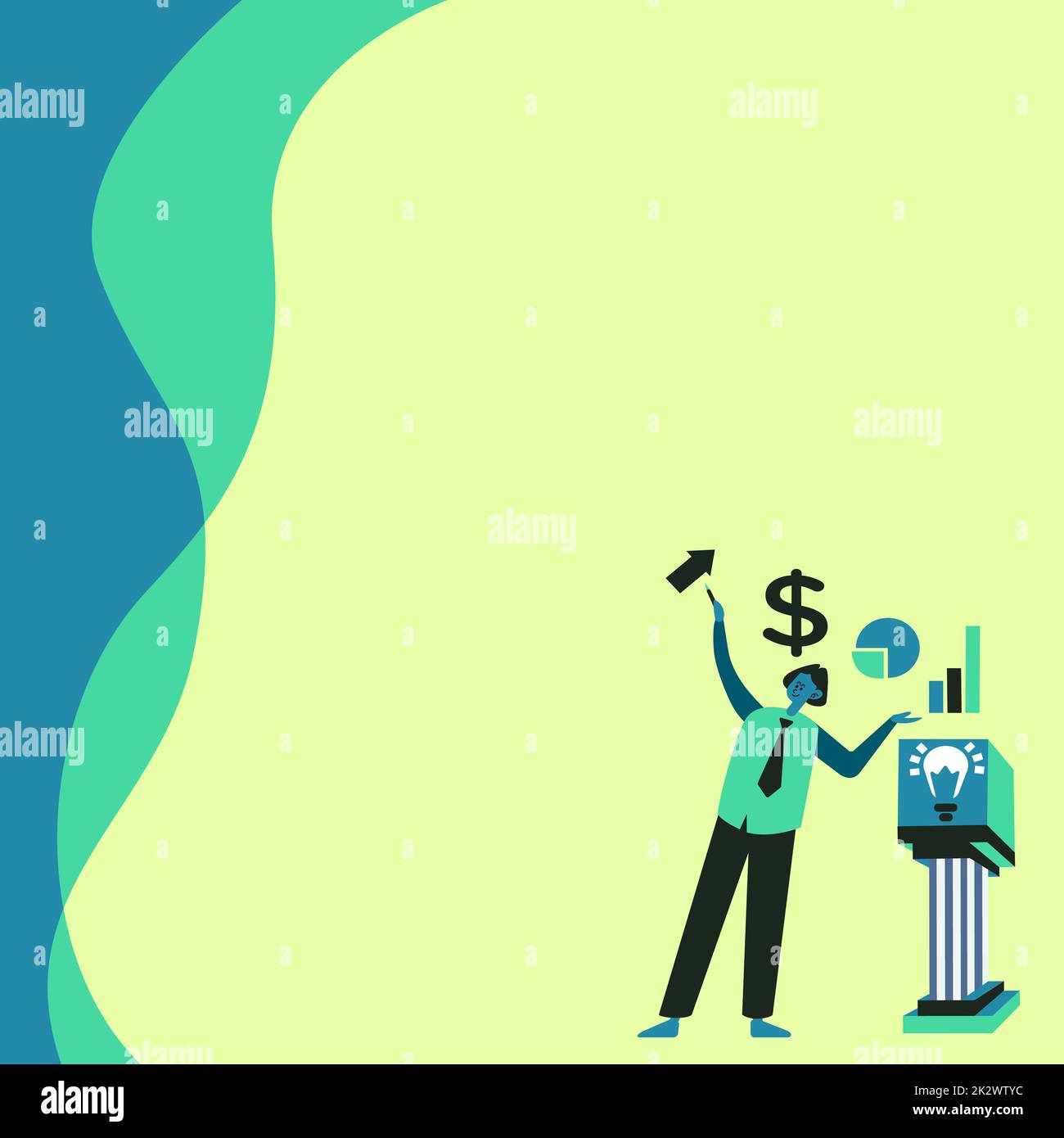 Businessman in piedi da solo che presenta grafici e nuove idee finanziarie con Podium. Dipendente che utilizza Blazer da solo mostrando vecchi pensieri sorprendenti. Foto Stock