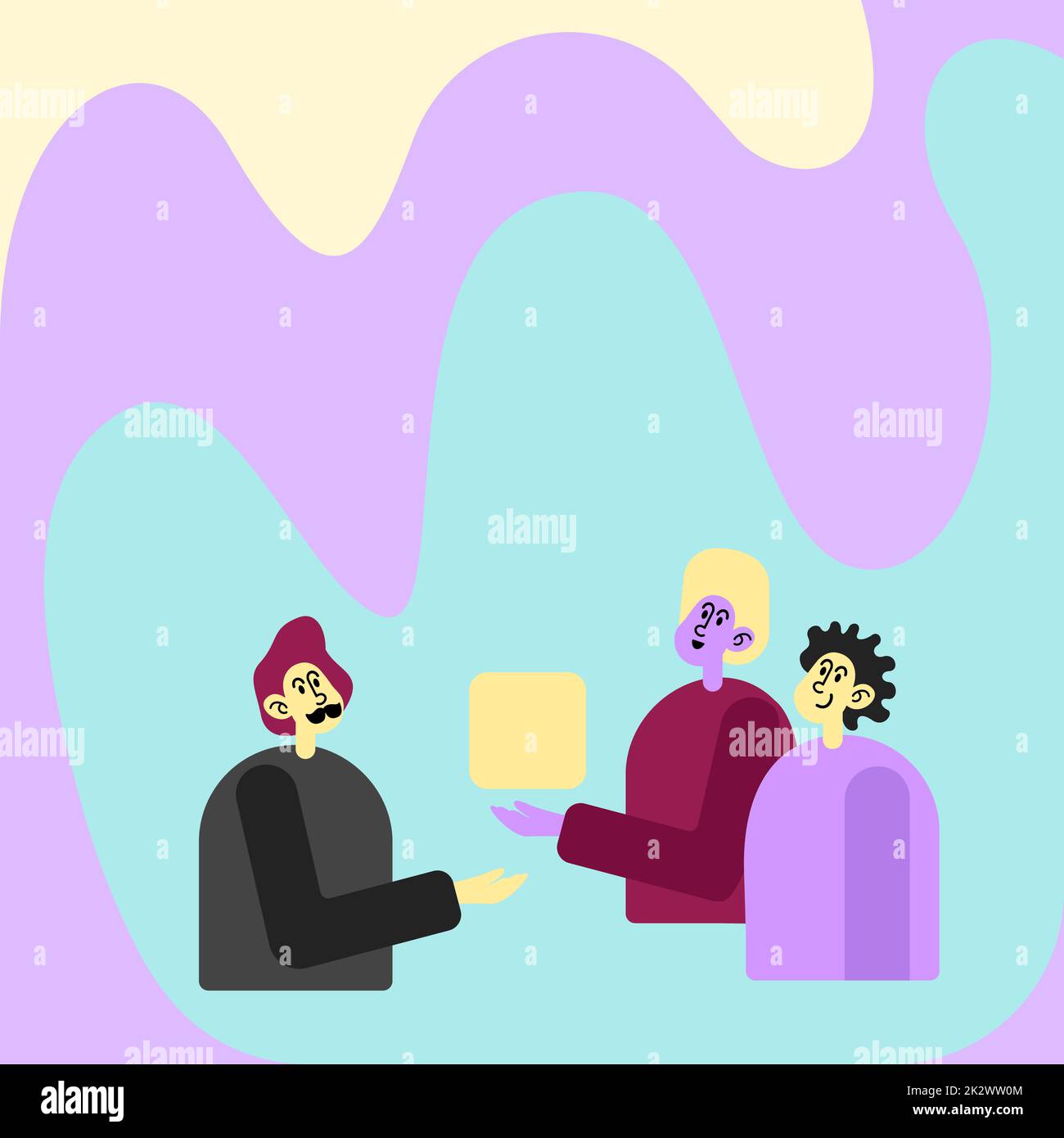 Tre colleghi che hanno Meeting Mostra Cubo in rappresentanza del lavoro di squadra discutendo idee di progetto future. Uomini che mostrano una partnership innovativa per costruire il pensiero. Foto Stock