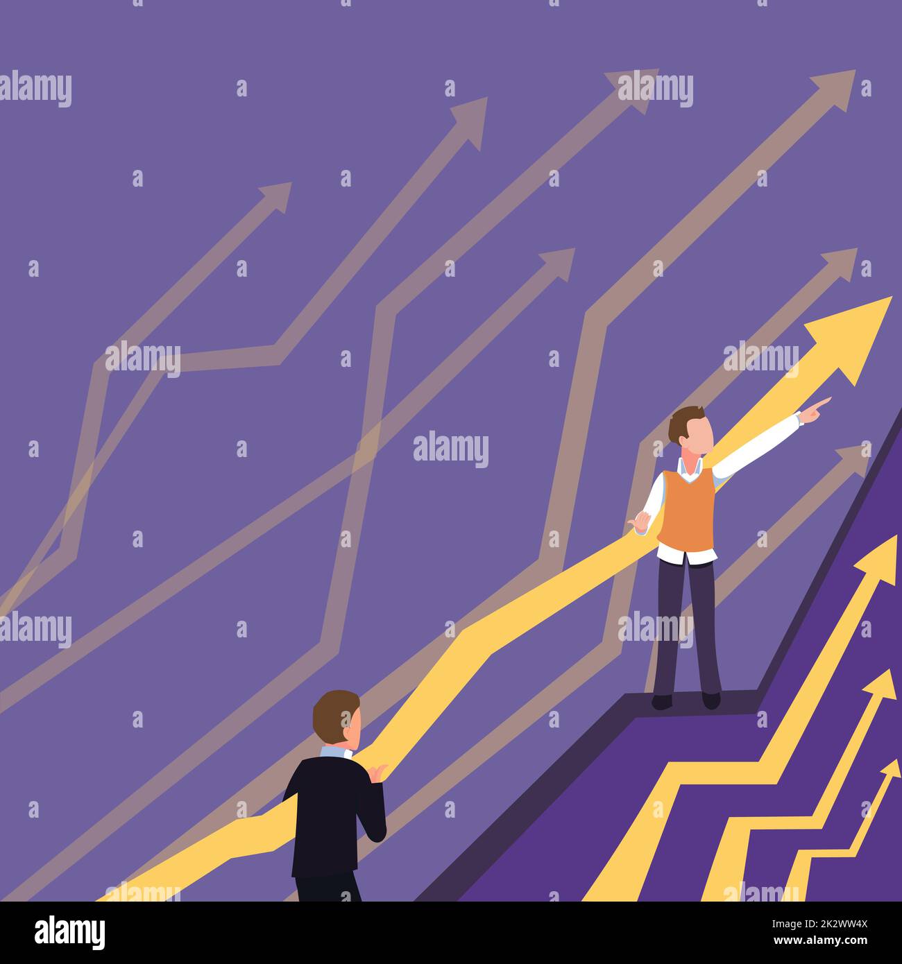 Frecce che guidano due uomini d'affari che collaborano verso un piano finanziario migliore. I colleghi che lavorano insieme predicono i risultati positivi del mercato. Foto Stock