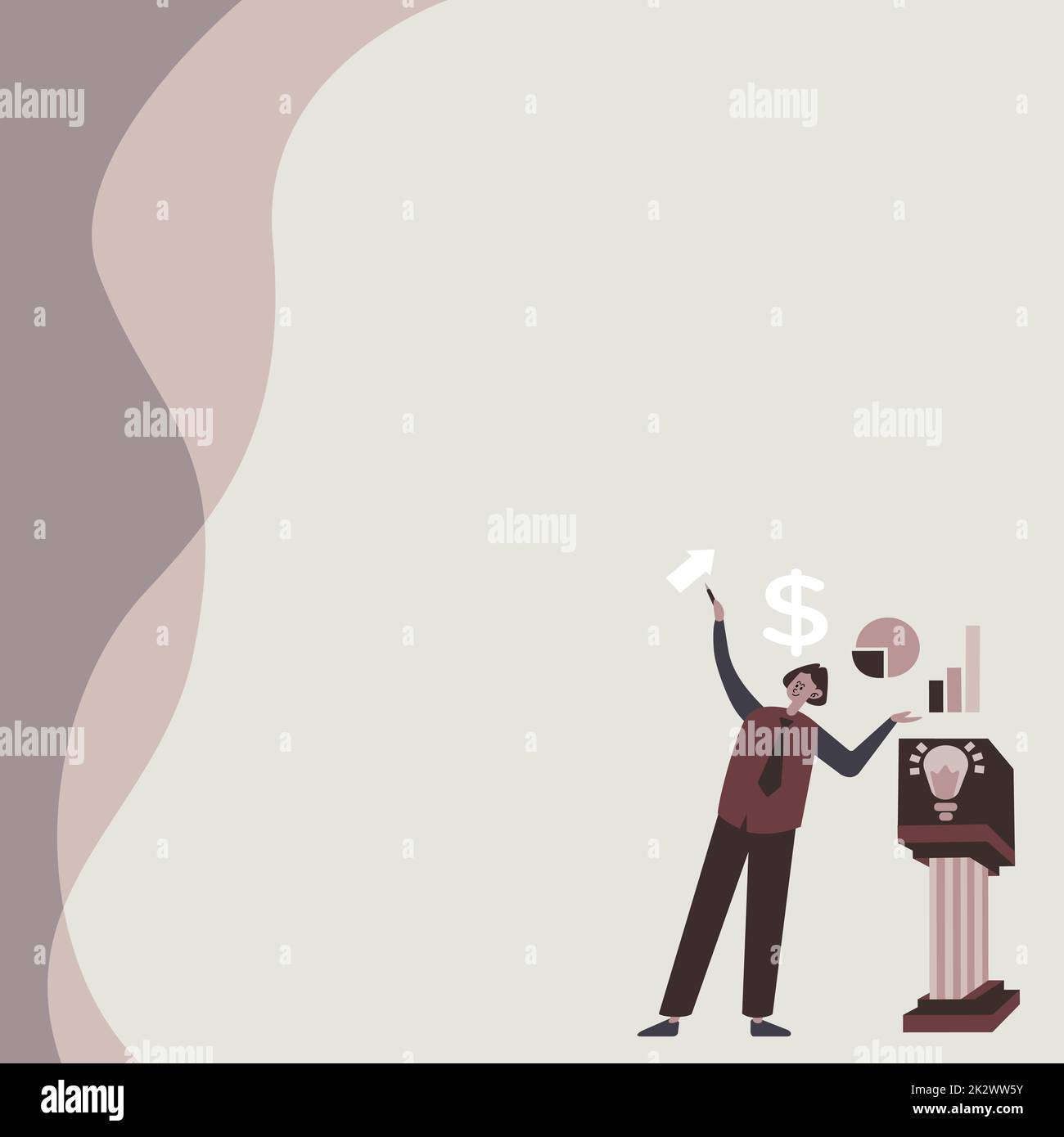 Businessman in piedi da solo che presenta grafici e nuove idee finanziarie con Podium. Dipendente che utilizza Blazer da solo mostrando vecchi pensieri sorprendenti. Foto Stock