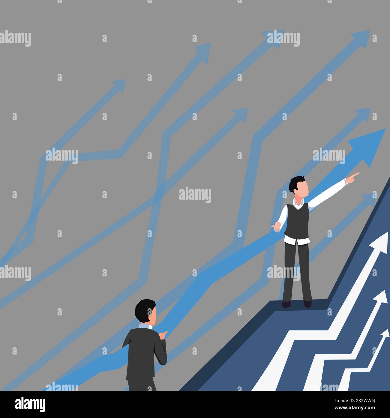 Frecce che guidano due uomini d'affari che collaborano verso un piano finanziario migliore. I colleghi che lavorano insieme predicono i risultati positivi del mercato. Foto Stock