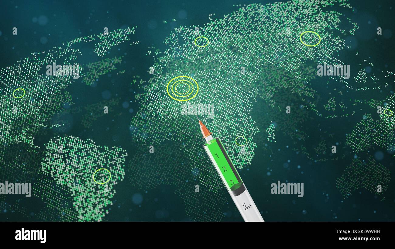 Siringa medica con un ago vaccinato il pianeta Terra. Rendering 3D. Elementi di questa immagine forniti dalla NASA. Foto Stock