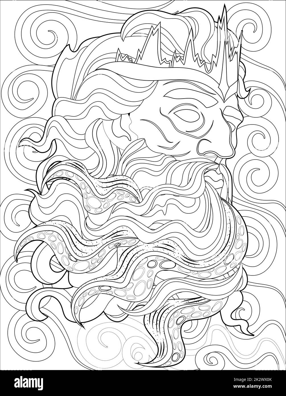 Greco Dio Zeus testa linea disegno circondato da venti forti guardando bella vista. Archetipo del disegno di fronte del cielo racchiuso con appena cercando la vista Foto Stock