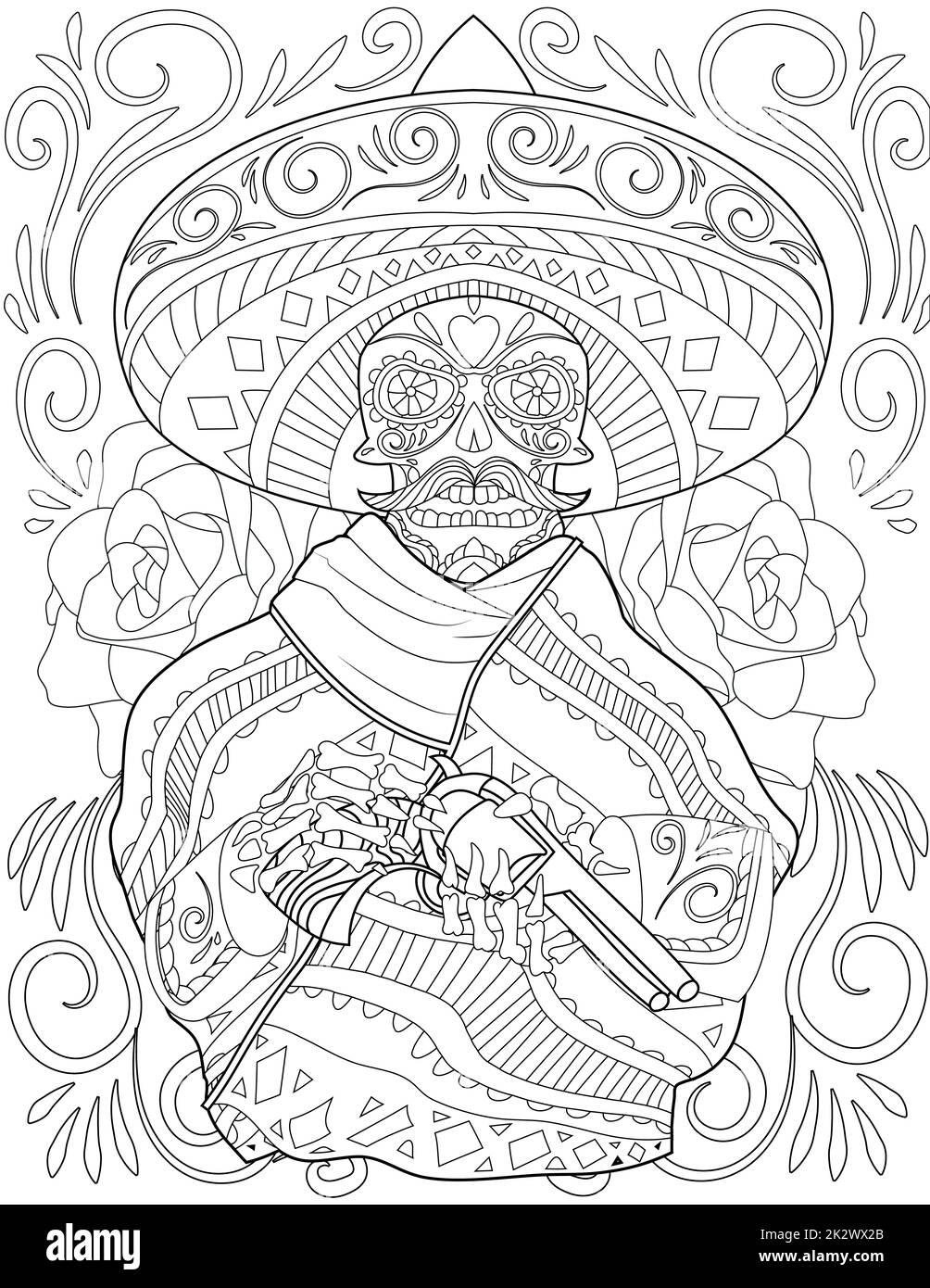 Cranio Mariachi Drawing Holding Gun con cappello grande circondato da belle rose. Creepy Mexican Man Line Drawing possiede Un braccio di fuoco con grande testa vestito. Foto Stock