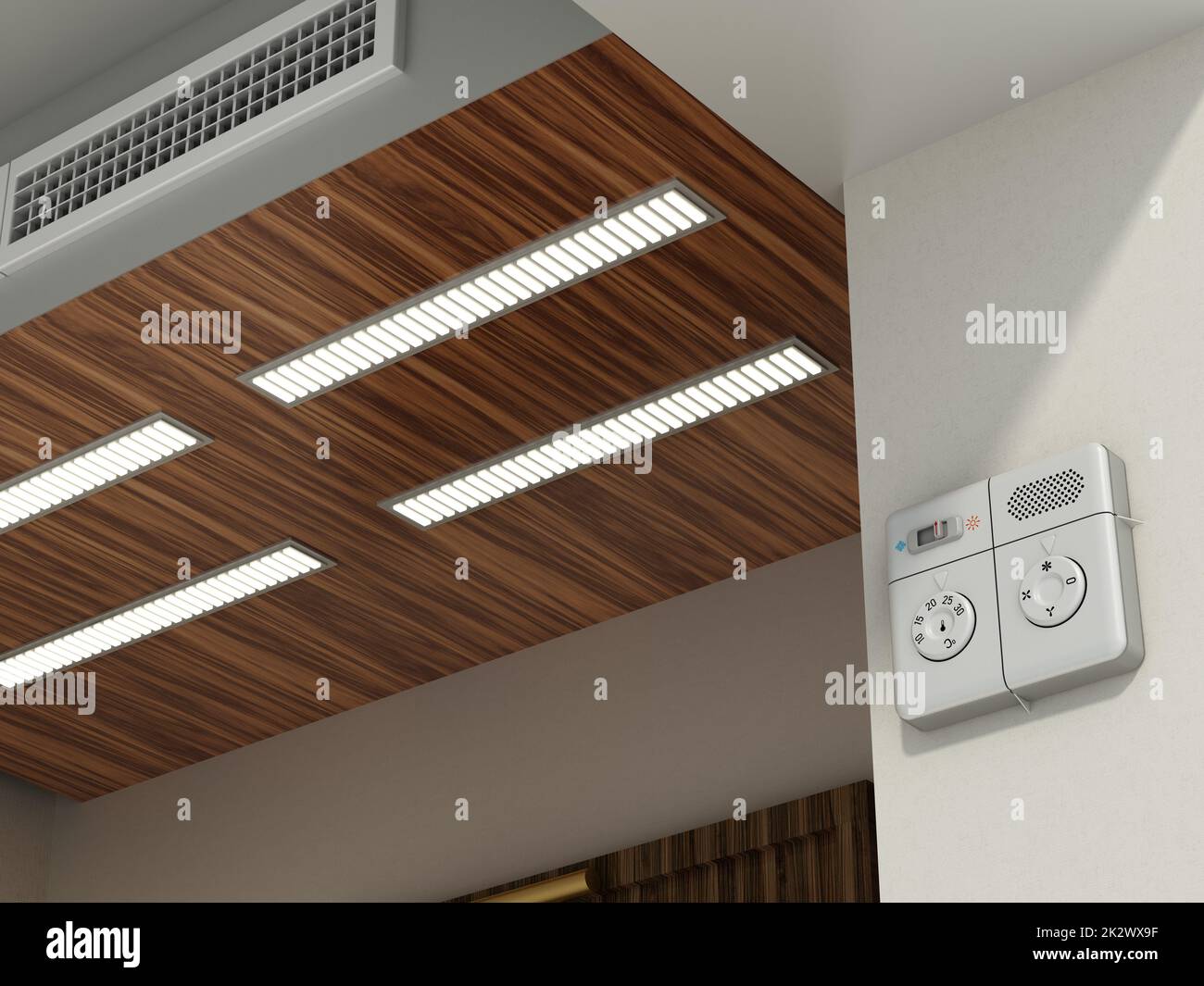 Pannello di regolazione dell'aria condizionata in camera d'albergo. Illustrazione 3D Foto Stock