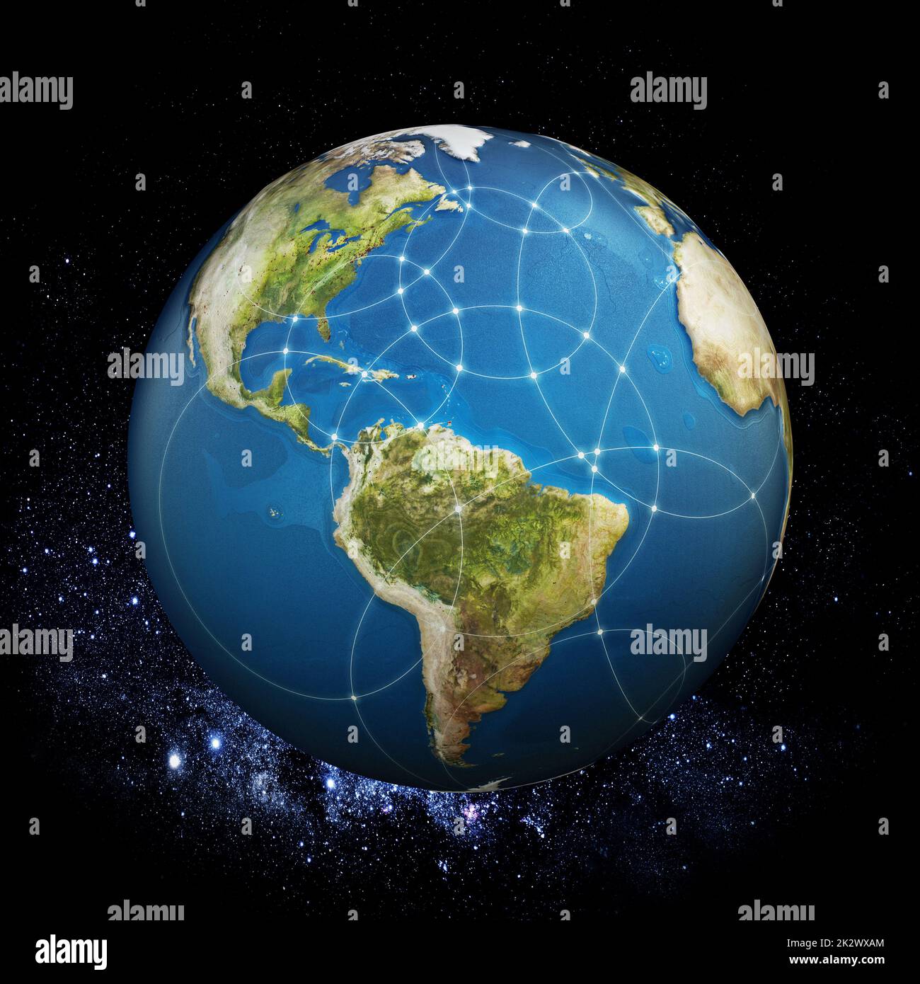 Terra con cerchi intersecanti nello spazio. Illustrazione 3D Foto Stock