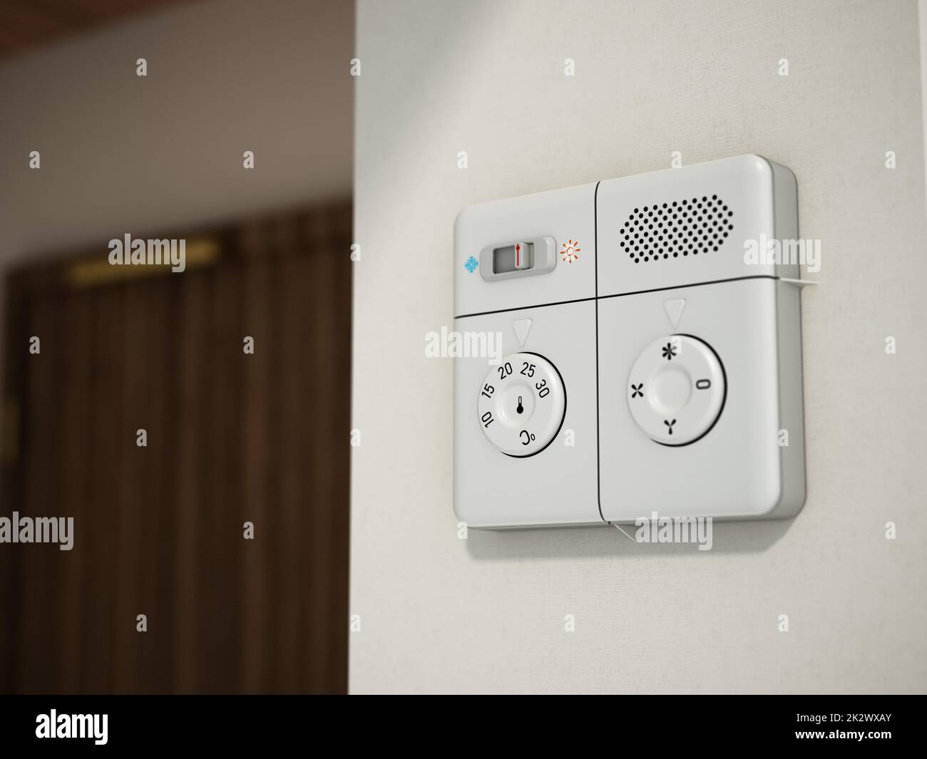 Pannello di regolazione dell'aria condizionata in camera d'albergo. Illustrazione 3D Foto Stock