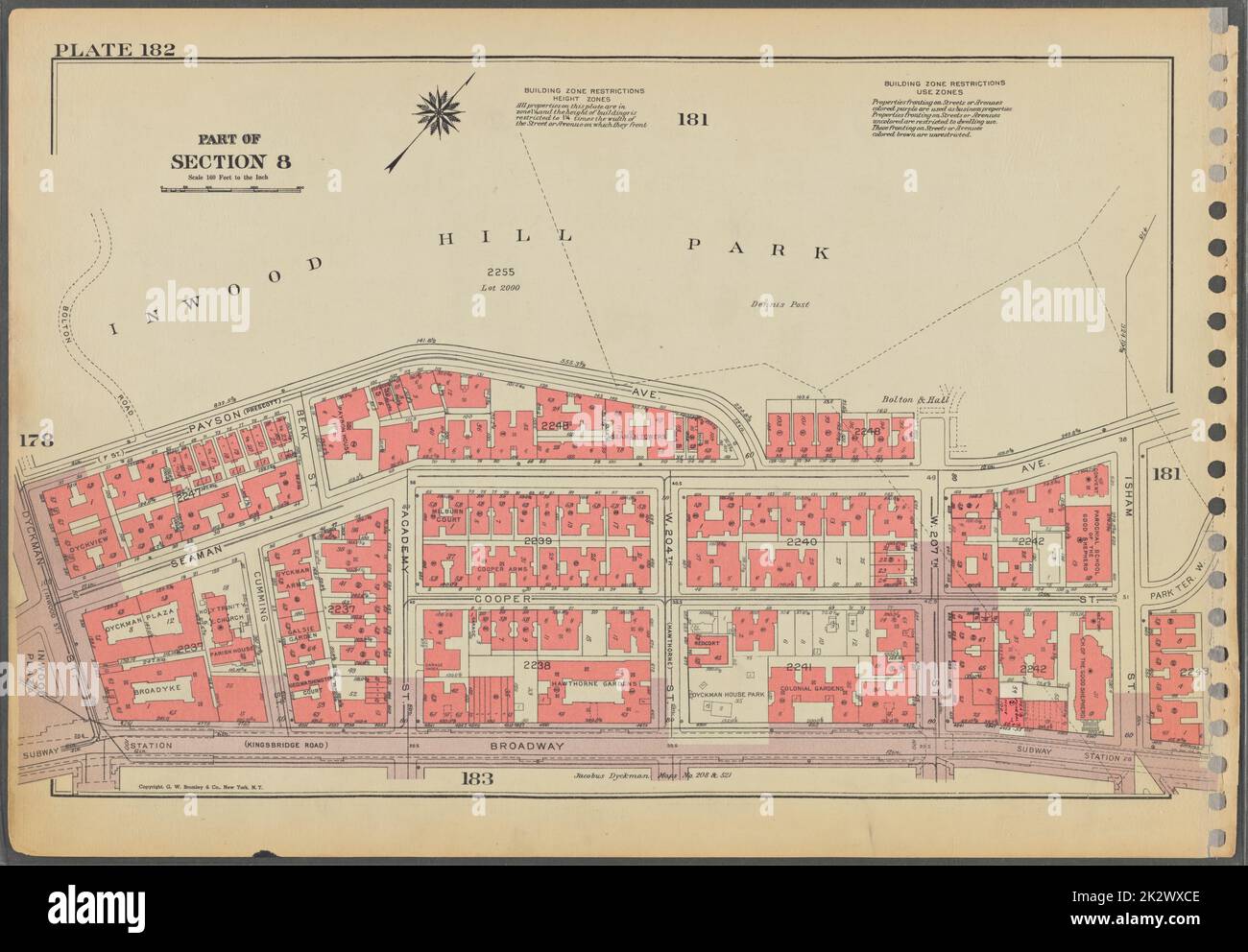 Cartografica, Mappe. 1955 - 1956. Lionel Pincus e la Principessa Firyal Map Division. Real Property , New York (state) , New York (N.Y.), Manhattan (New York, N.Y.) Piastra 182, parte della sezione 8: Delimitata da (Inwood Hill Park) Payson Avenue, Seaman Avenue, Isham Street, Broadway e Dyckman Street. Foto Stock