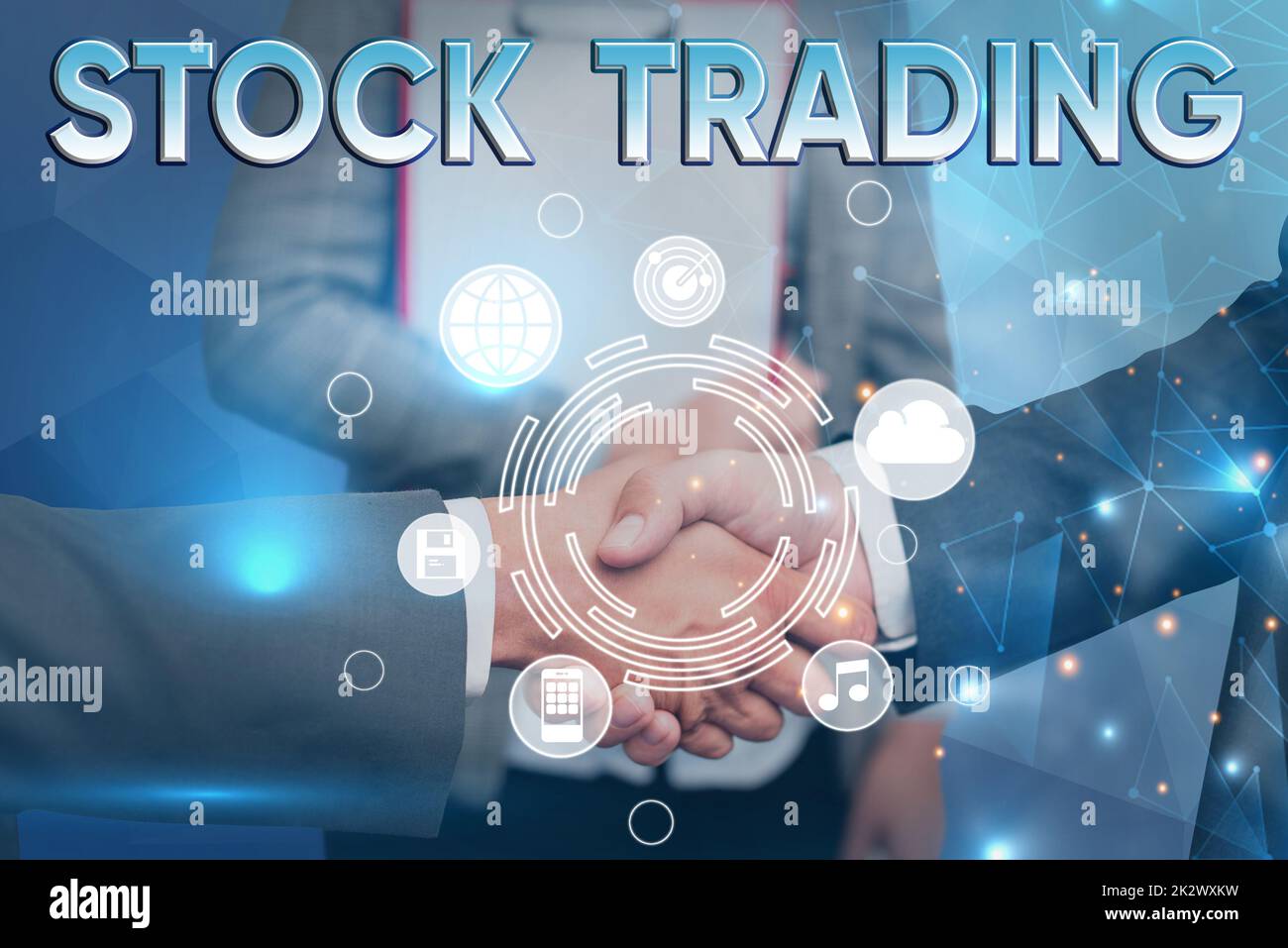 Didascalia di testo che presenta Stock Trading. Panoramica aziendale Acquisto e vendita di titoli in formato elettronico in Exchange Floor Handshake che presenta idee innovative che simboleggiano il successo del lavoro di squadra. Foto Stock