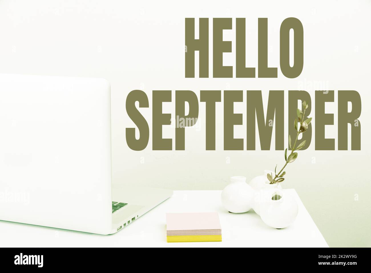 Cartello di testo che mostra Ciao settembre. Concetto che significa desideroso di un caloroso benvenuto al mese di settembre Tidy Workspace Setup, Writing Desk Tools Equipment, Smart Office Foto Stock