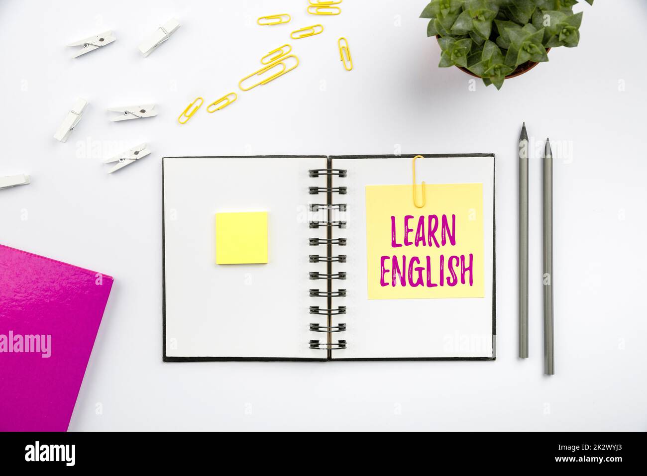 Testo che mostra l'ispirazione Impara l'inglese. Concetto che significa linguaggio universale comunicazione facile e capire le forniture flashy dell'ufficio della scuola, le collezioni di apprendimento di insegnamento, gli attrezzi di scrittura Foto Stock