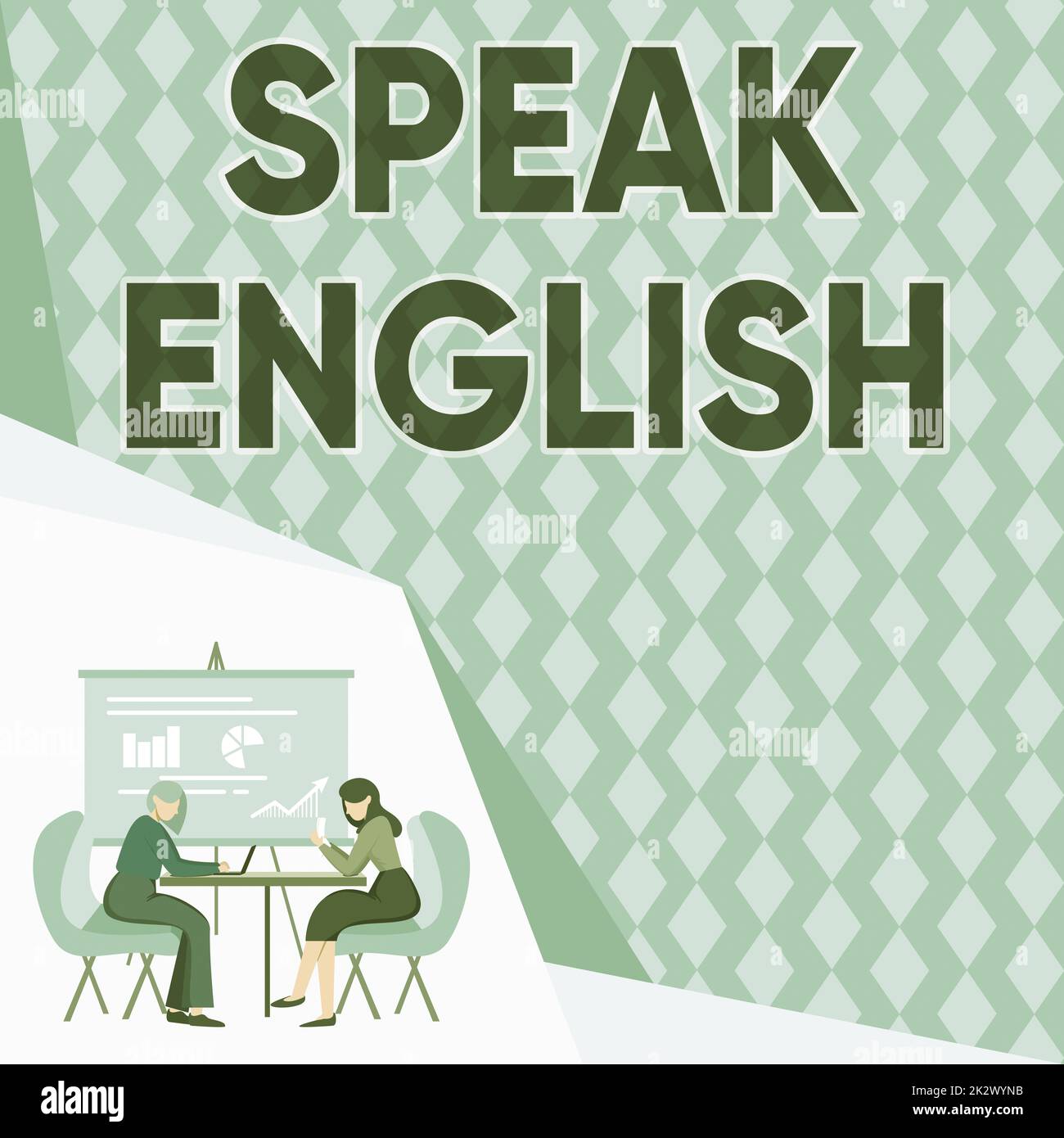 Il cartello che mostra parla inglese. Concetto significato Studio un'altra lingua straniera Corsi verbali online colleghi seduti alla scrivania con notebook Papers che mostrano grafici conversazione Foto Stock