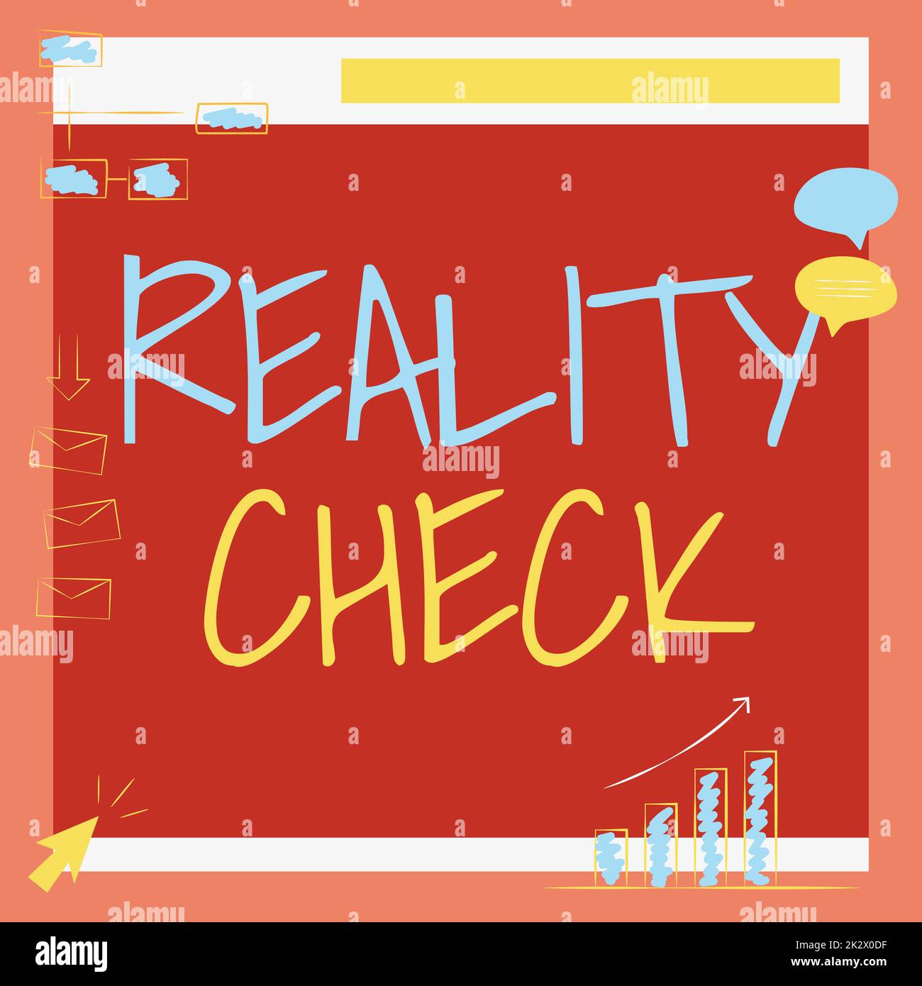 Didascalia di testo con Reality Check. Panoramica aziendale si ricorda lo stato delle cose nel mondo reale Illustrazione di Board ricezione di messaggi e ricerca di miglioramenti. Foto Stock