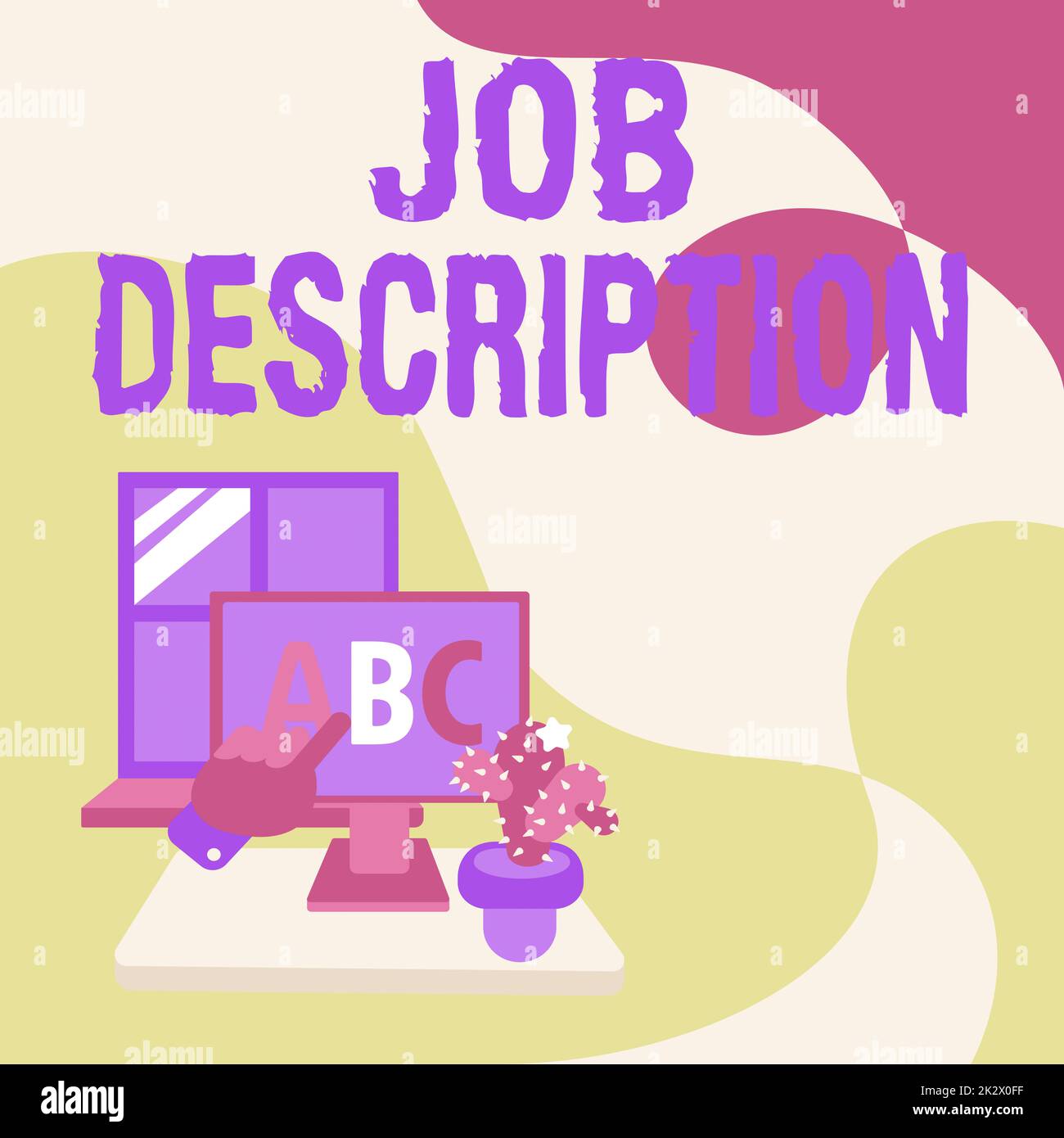 Descrizione concettuale del lavoro di visualizzazione. Approccio aziendale Un documento che descrive le responsabilità di una mano di posizione che mostra le lettere che puntano lo schermo del browser Web con Cactus a fianco. Foto Stock