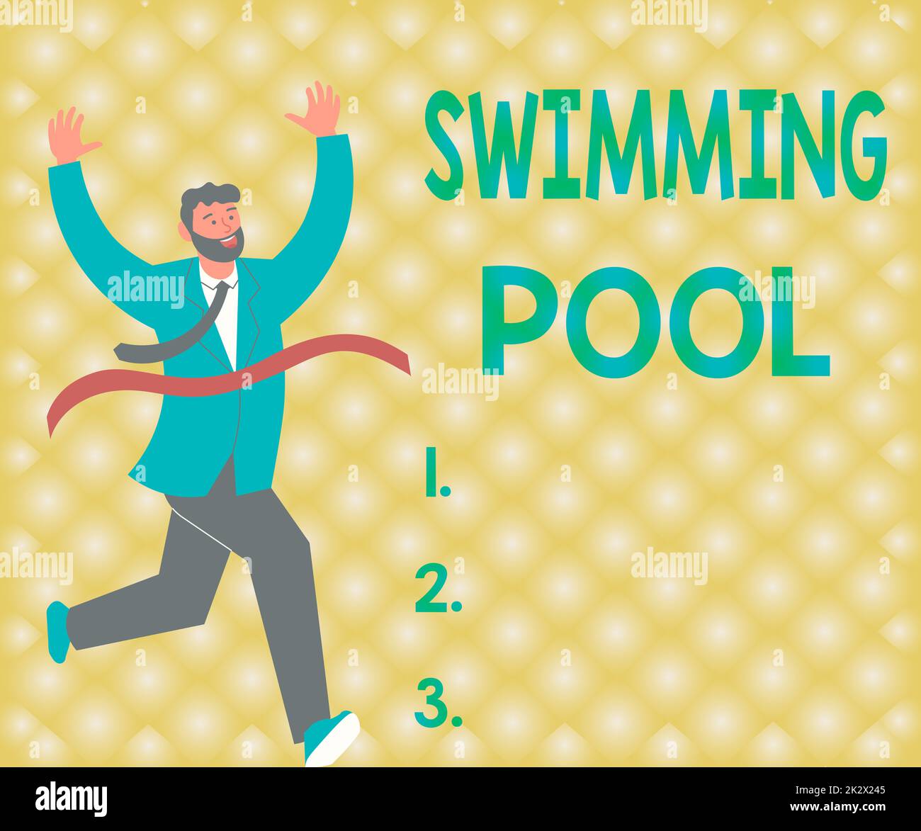 Scrittura visualizzazione testo piscina. Parola scritta sulla struttura progettata per tenere l'acqua per le attività di svago Gentleman in tuta che corre verso il traguardo linea celebrando il successo Foto Stock