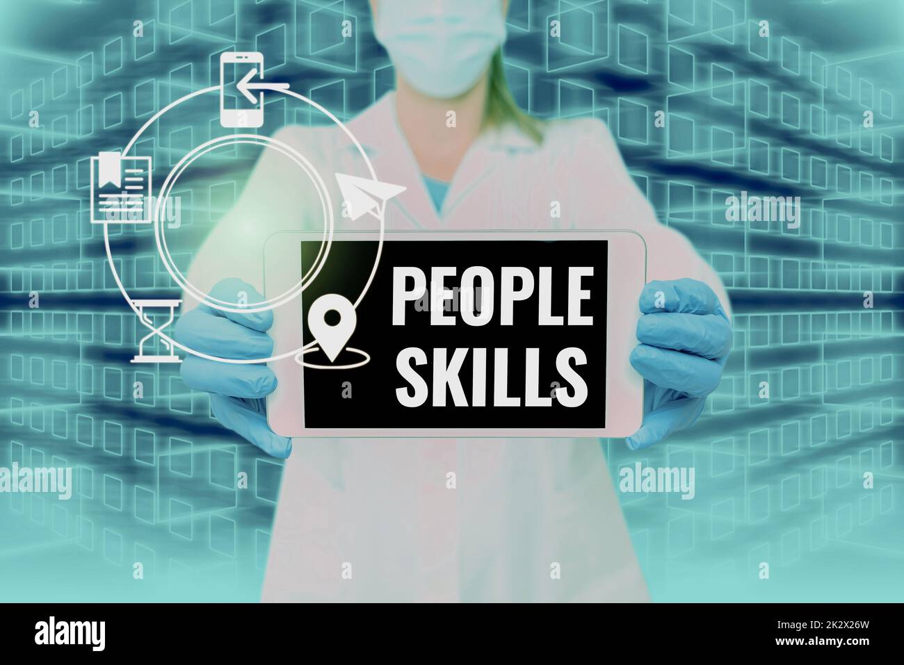 Scrittura visualizzazione testo persone abilità. Concetto del Internet ottenga lungo la comunicazione efficace Rapport il tablet di tenuta dell'infermiera approachable simbolizzando le realizzazioni riuscite del lavoro di squadra. Foto Stock