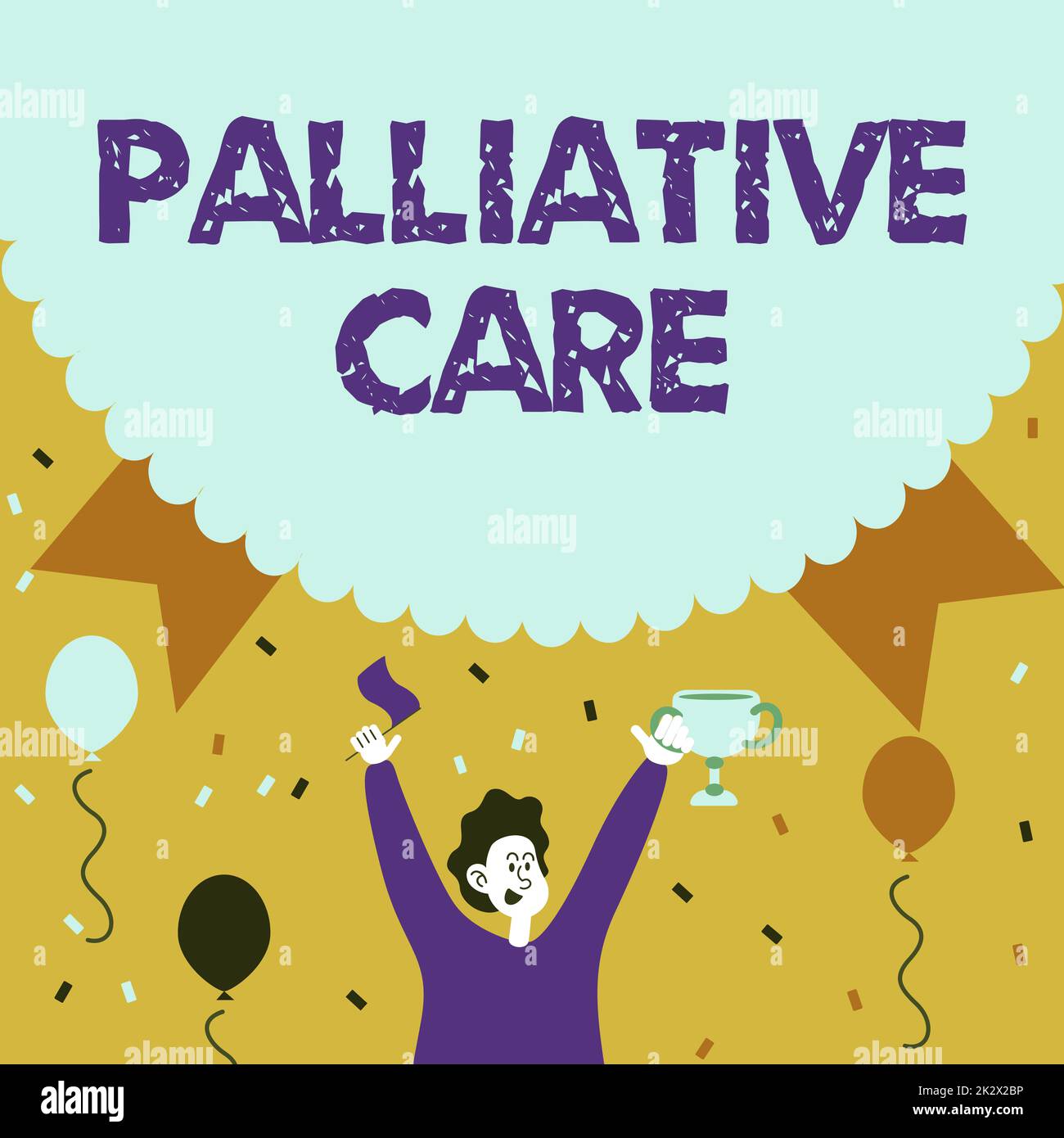 Ispirazione mostrando segno Palliative Care. Internet Concept cura medica specializzata per mostrare con una seria malattia Man Holding Trophy celebrare la performance circondato da palloni. Foto Stock