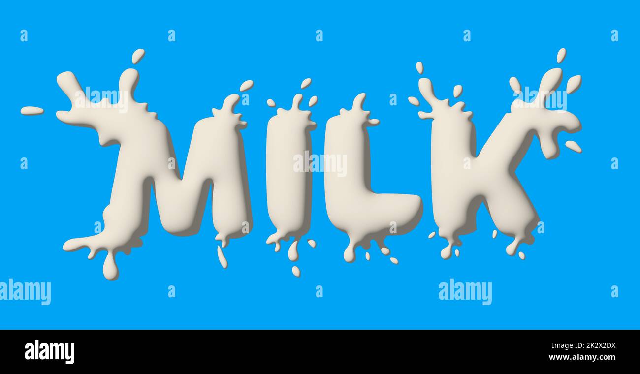 Testo scritto con latte, schizzi e gocce. Design elegante per un marchio, un'etichetta o una pubblicità Foto Stock