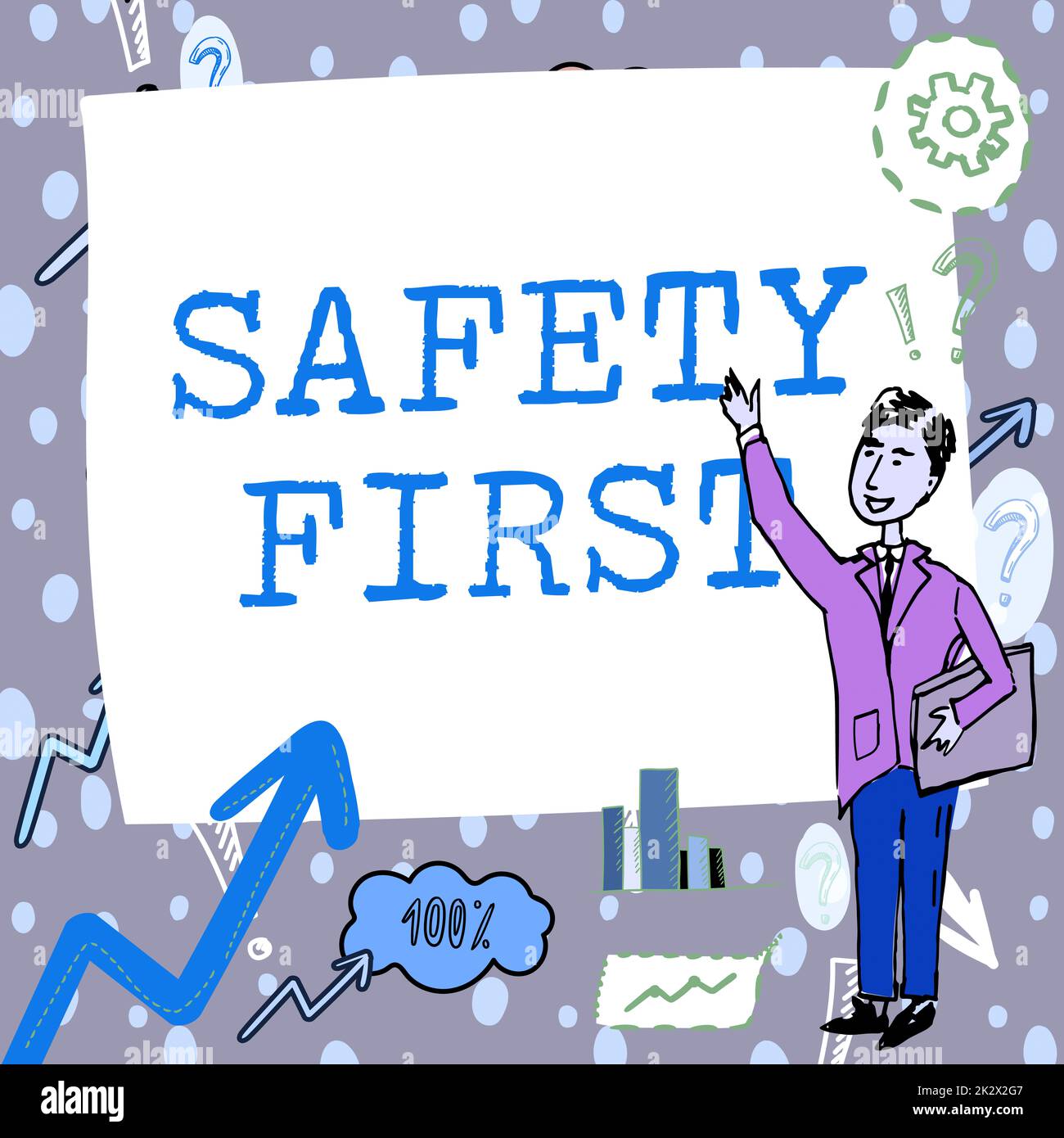 Didascalia di testo che presenta prima la sicurezza. Foto concettuale evitare qualsiasi rischio non necessario vivere in sicurezza prestare attenzione Gentleman disegno verticale puntando dito in bianco lavagna bianca. Foto Stock