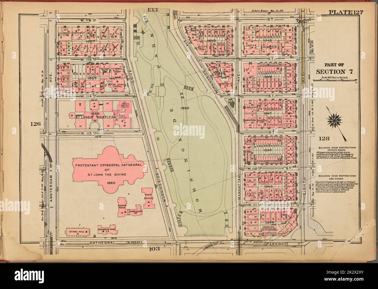 Cartografica, Mappe. 1927. Lionel Pincus e la Principessa Firyal Map Division. Real Property , New York (state) , New York, Manhattan (New York, N.Y.) Piastra 127, parte della sezione 7: Delimitata da W. 116th Street, Eighth Avenue, Cathedral Parkway e Amsterdam Avenue Foto Stock