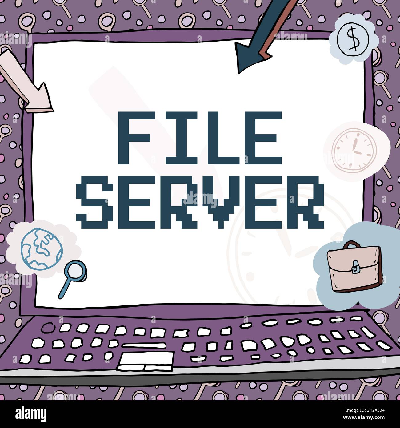 File server firma scrittura a mano. Concetto che significa dispositivo che controlla l'accesso ai dati memorizzati separatamente Poster decorato con simboli monetari che mostrano la puntualità dei dipendenti. Foto Stock