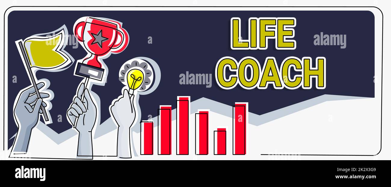 Scrittura visualizzazione testo Life Coach. Concetto che significa Una persona che consiglia ai clienti come risolvere i loro problemi o obiettivi mani Holding Flag Goals, Lamp Ideas Trophy celebra il successo barre grafico Foto Stock