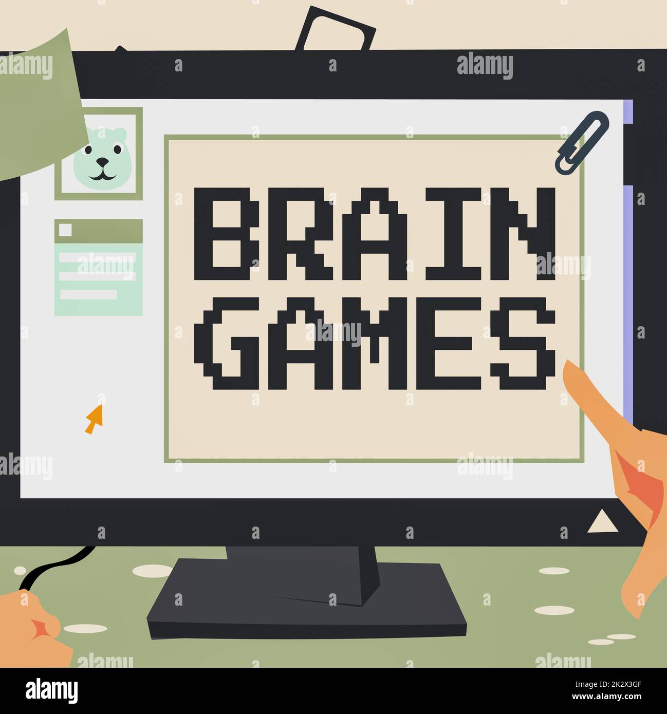 Didascalia di testo che presenta Brain Games. Approccio aziendale tattica psicologica per manipolare o intimidire con la mano dell'avversario toccando Desktop Inside Web browser che mostra la tecnologia recente. Foto Stock