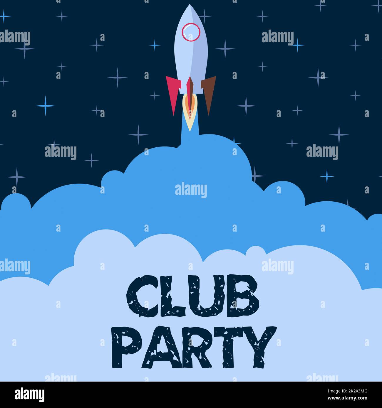 Ispirazione mostrando segno Club Party. Business concept sociale riunione in un luogo che è informale e può avere bevande Rocket Ship lancio veloce dritto fino allo spazio esterno. Foto Stock