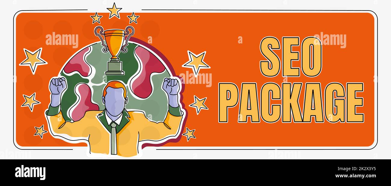 Visualizzazione concettuale Seo Package. Parola scritta sulla pratica di ottimizzazione di Search Engine aumenta la quantità di visitatori businessman celebrando successo obiettivo di progetto realizzazione. Foto Stock